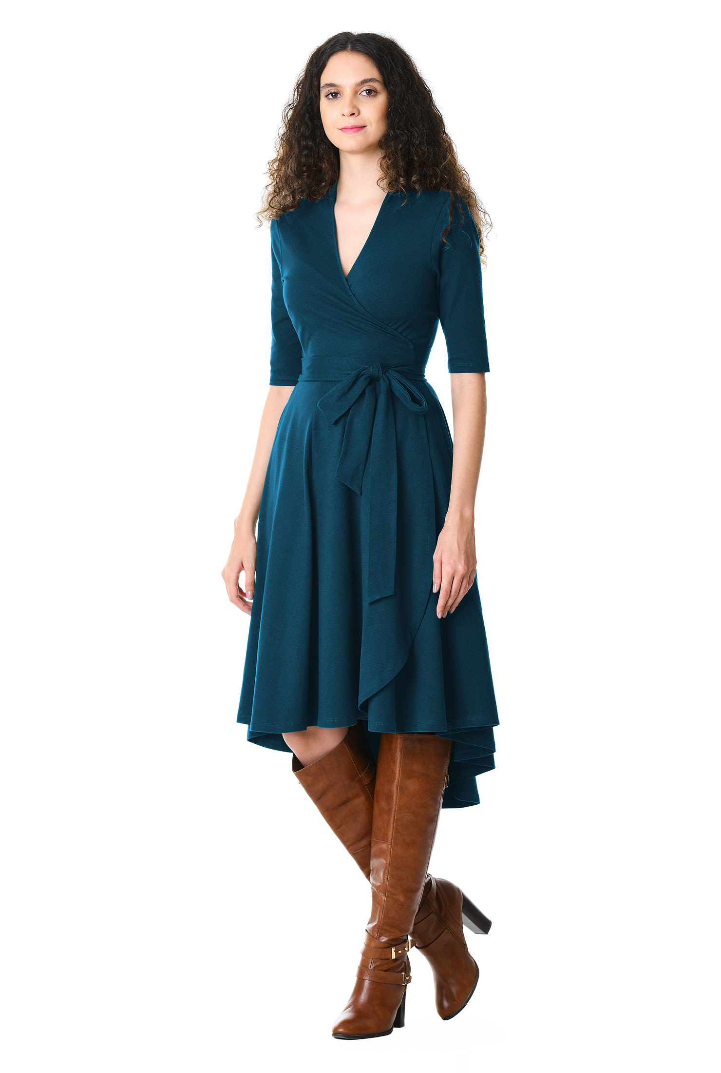 Shop Highlow hem cotton knit wrap dress eShakti