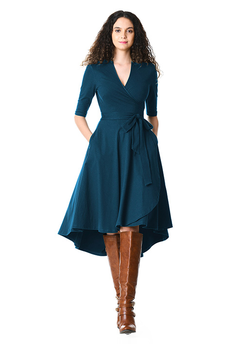 Shop High-low hem cotton knit wrap dress | eShakti