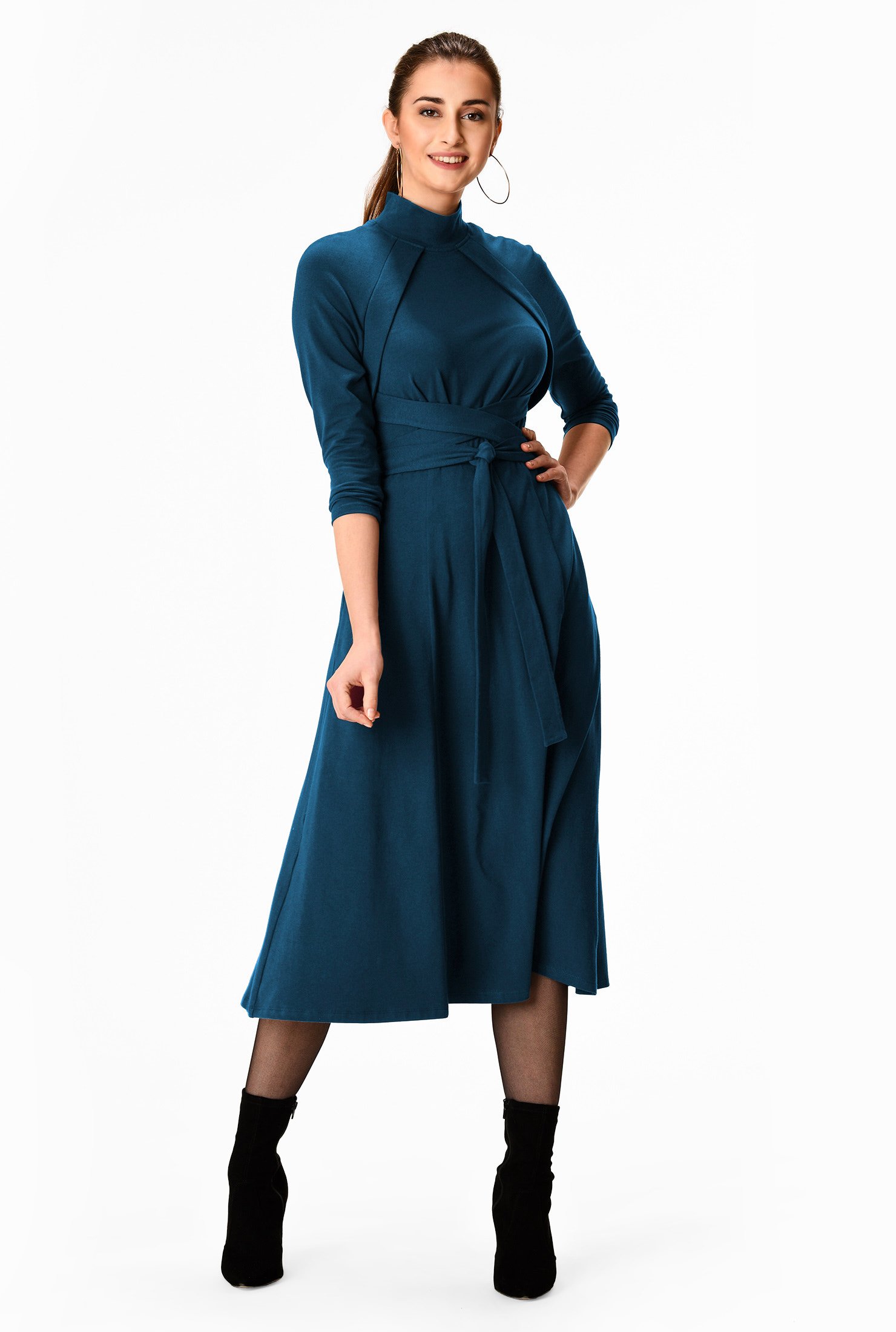 Shop Sash tie waist cotton knit dress eShakti