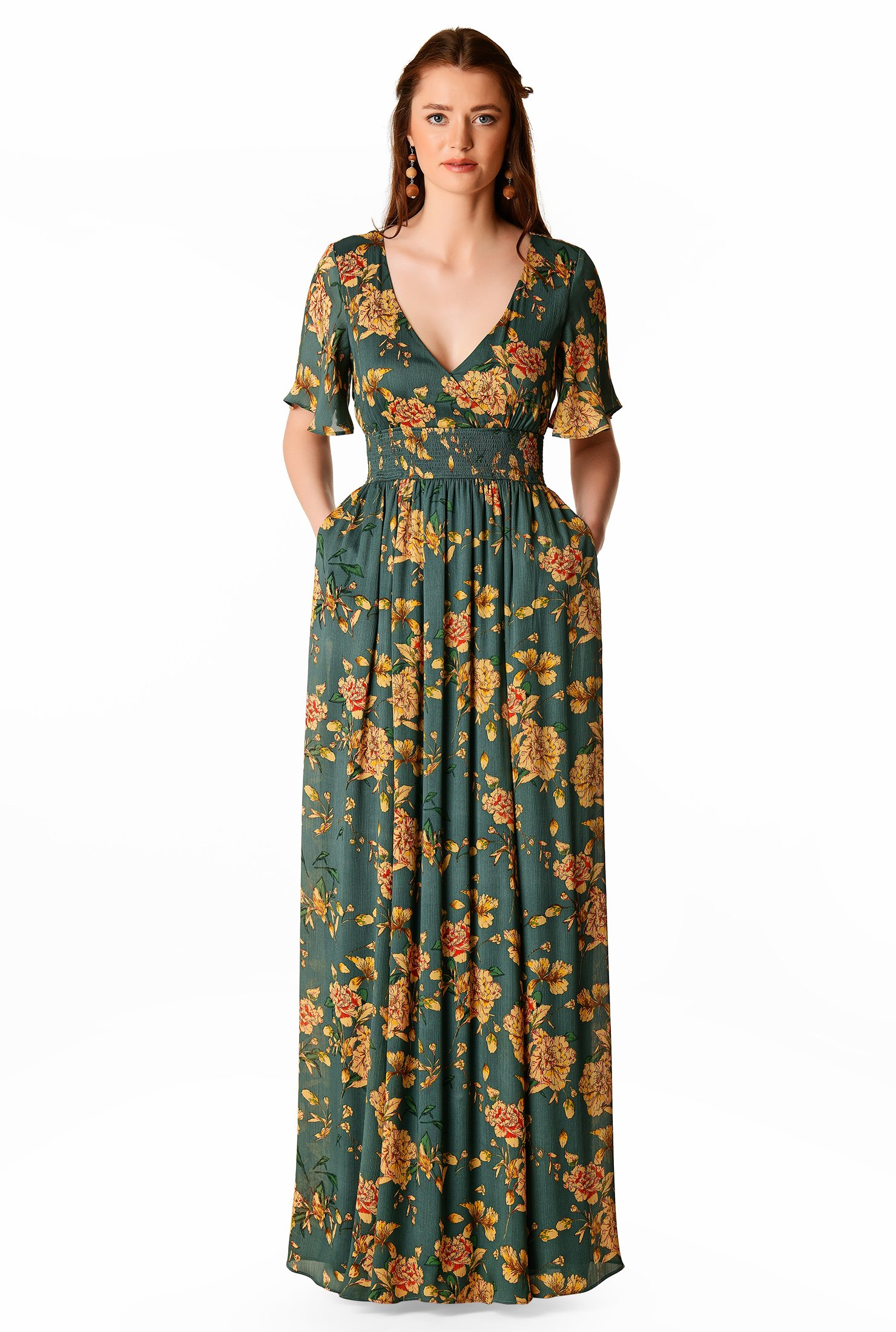 Shop Floral print smocked waist chiffon maxi dress | eShakti
