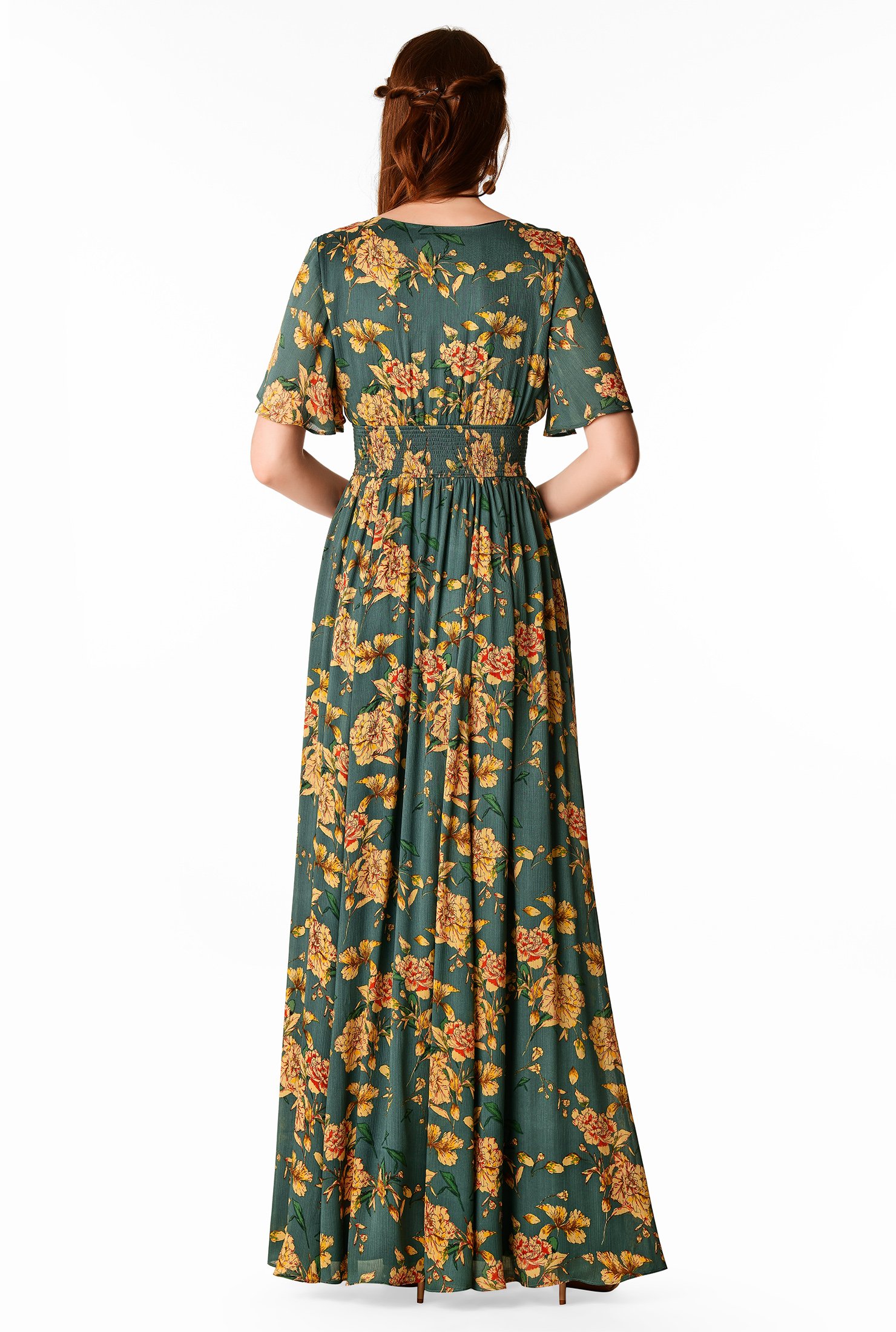 Shop Floral Print Smocked Waist Chiffon Maxi Dress Eshakti 5073