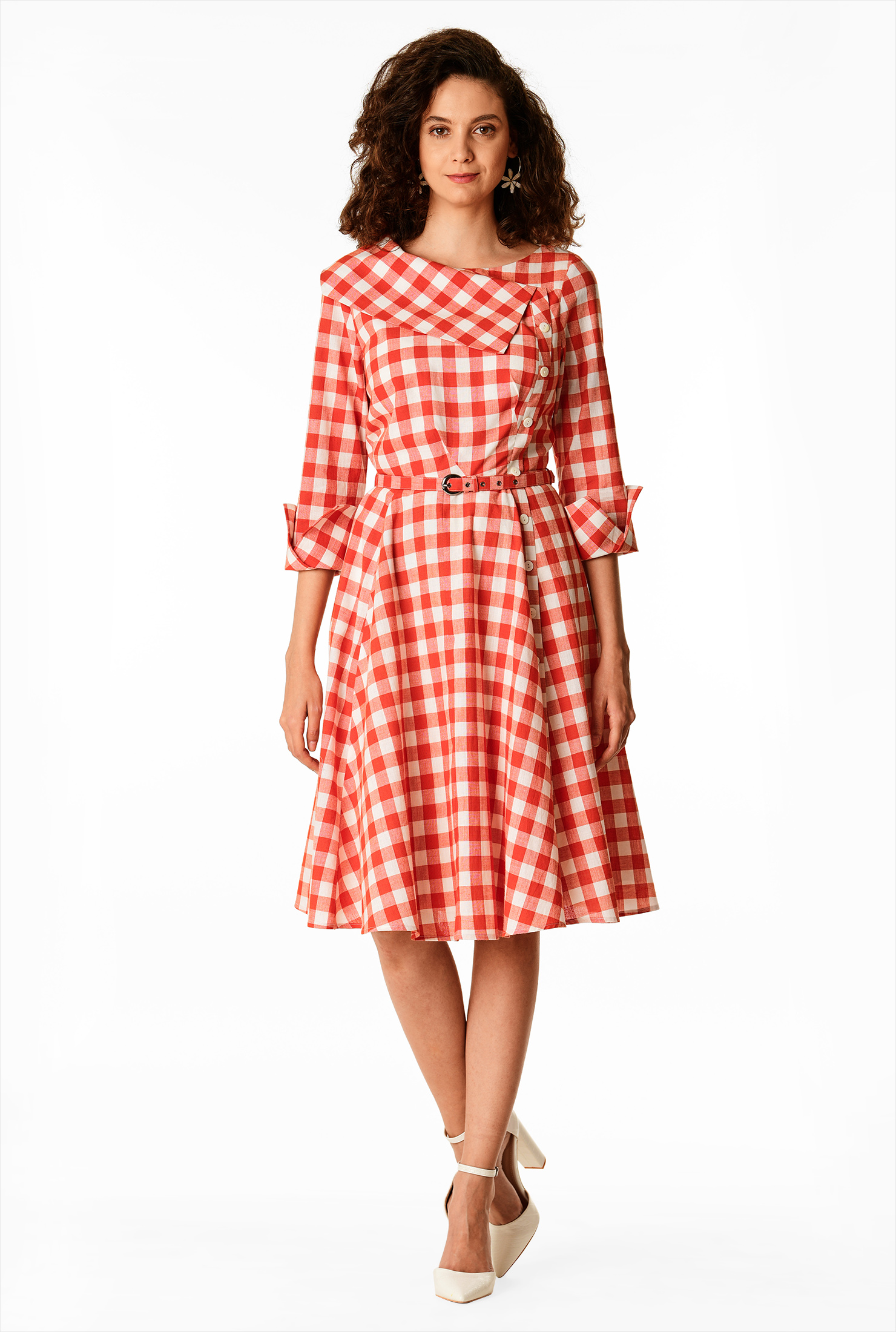 Shop Asymmetric collar gingham check cotton dress eShakti