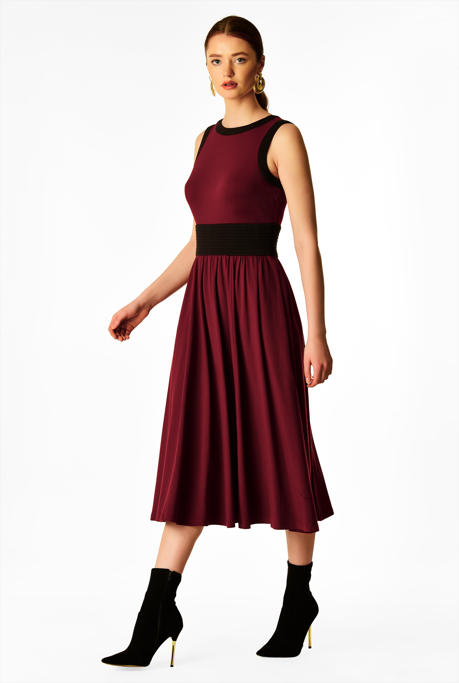Shop Twotone cotton knit banded waist dress eShakti