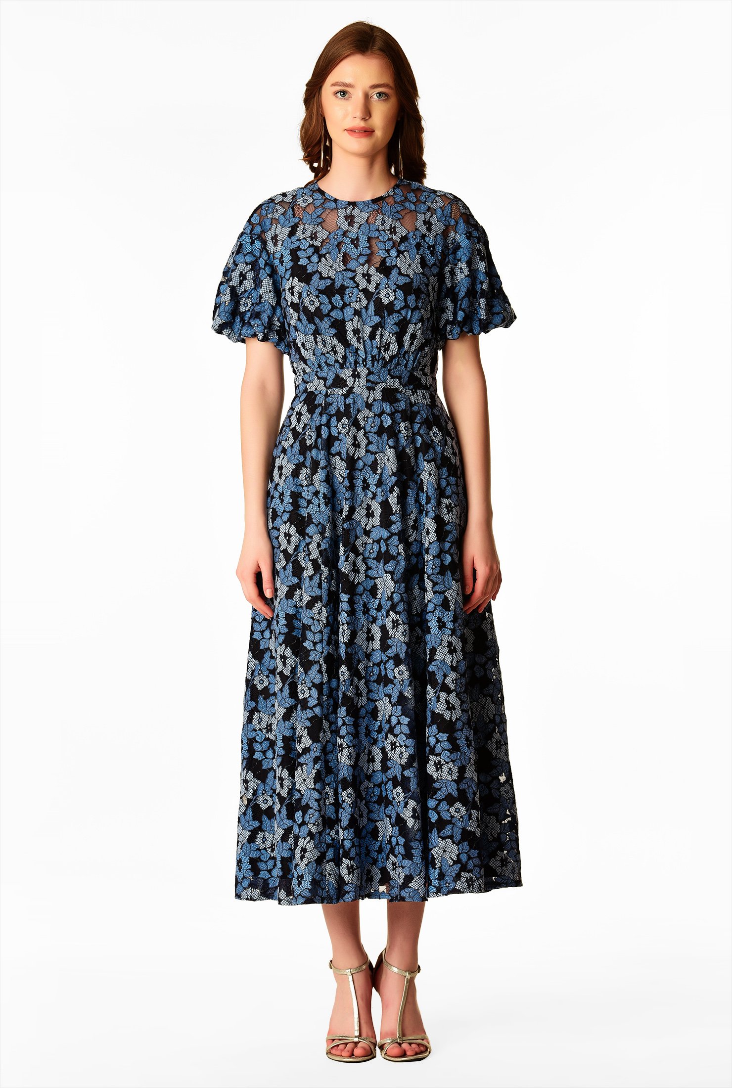 Shop Puff sleeve floral embellished lace dress | eShakti