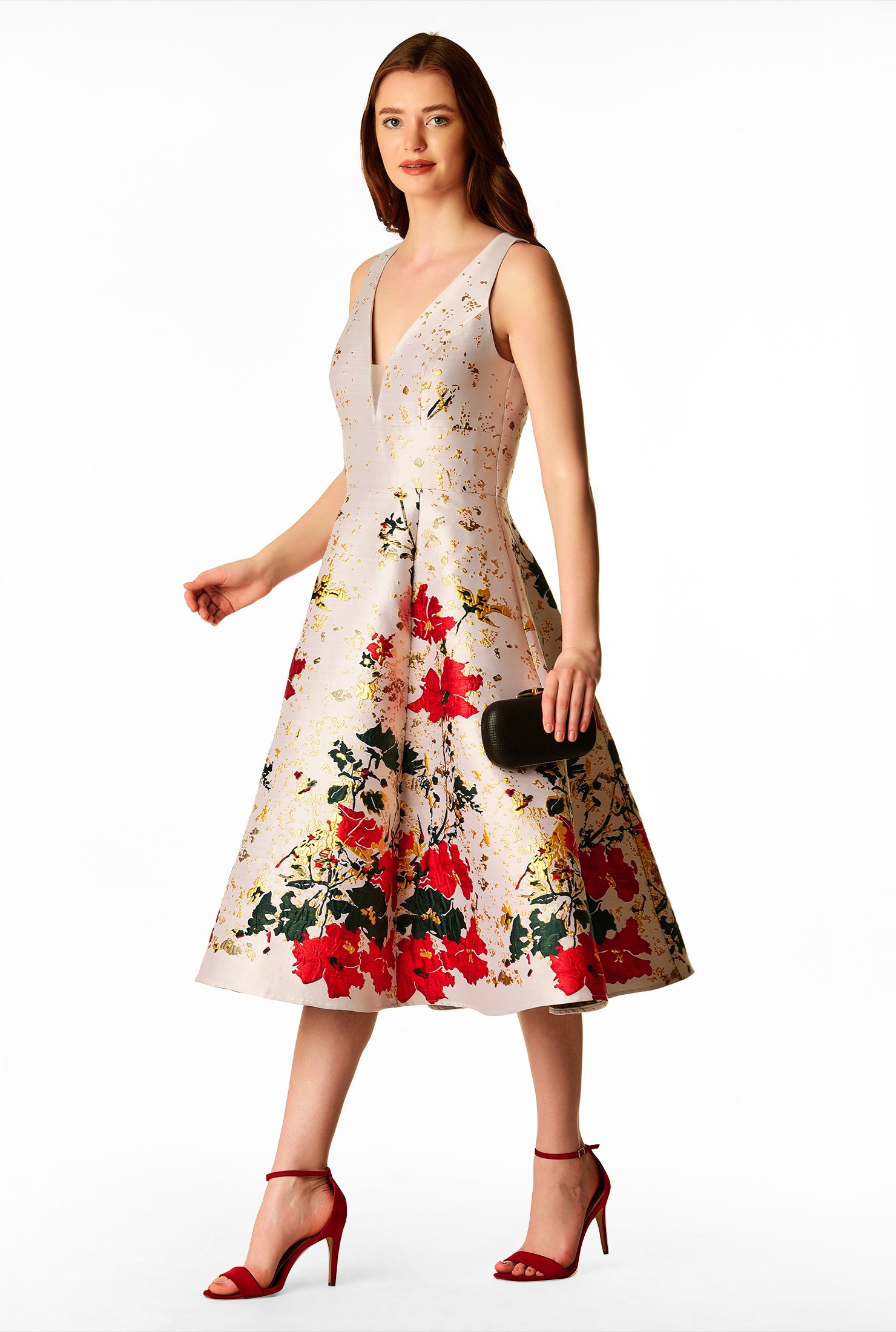Plunge tulle inset floral jacquard dress