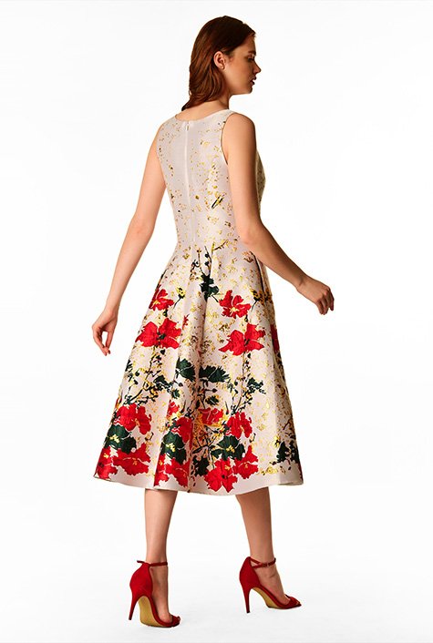 Plunge tulle inset floral jacquard dress