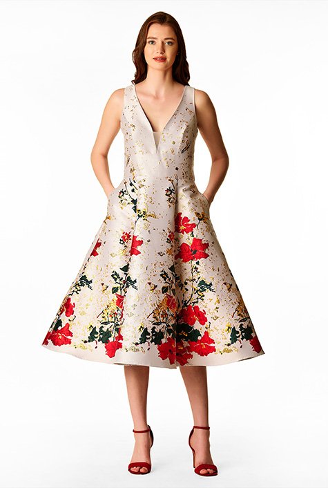 Plunge tulle inset floral jacquard dress