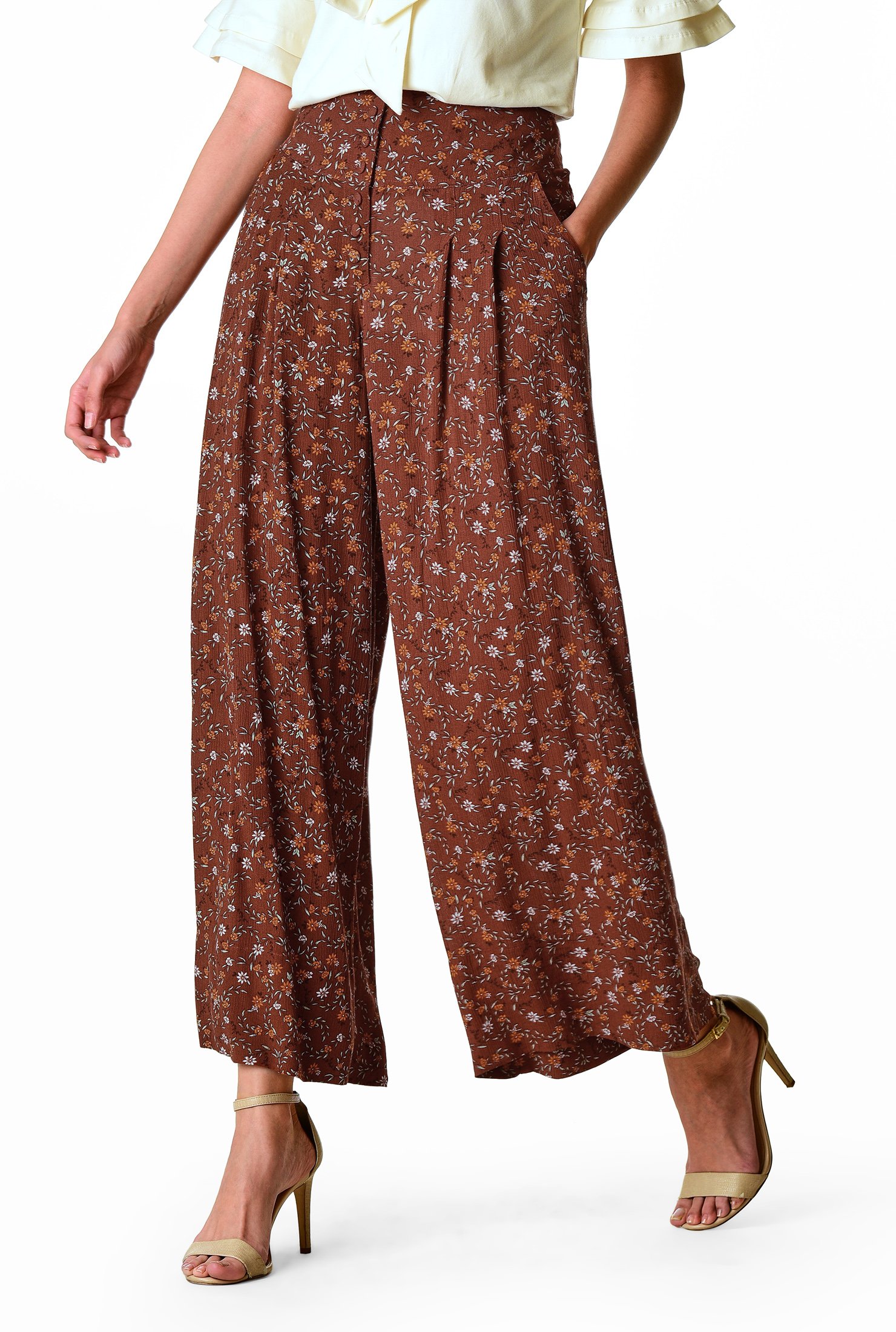 Shop Button Front Floral Print Crepe Palazzo Pants Eshakti