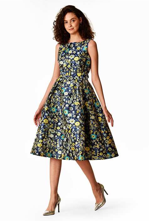 Vibrant floral jacquard belted dress