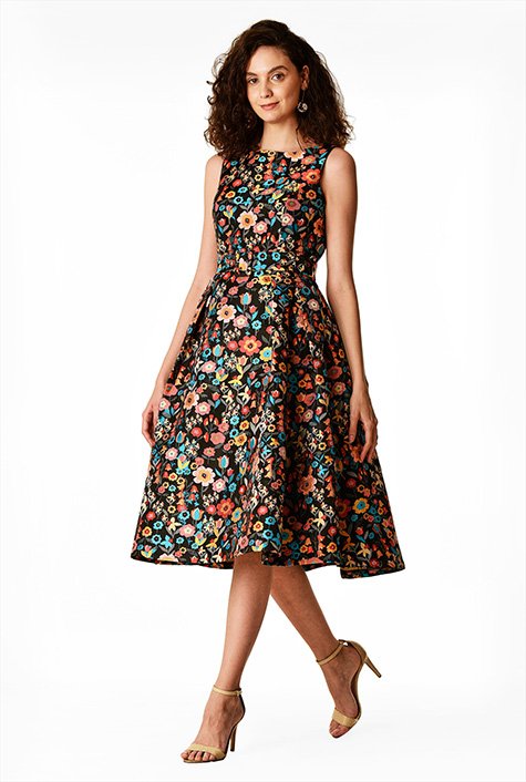 Shop Vibrant floral jacquard belted dress | eShakti