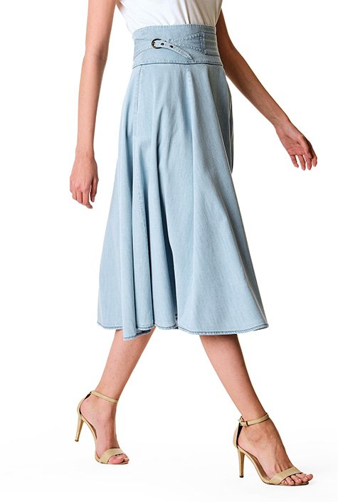 Self-belted waist cotton denim skirt