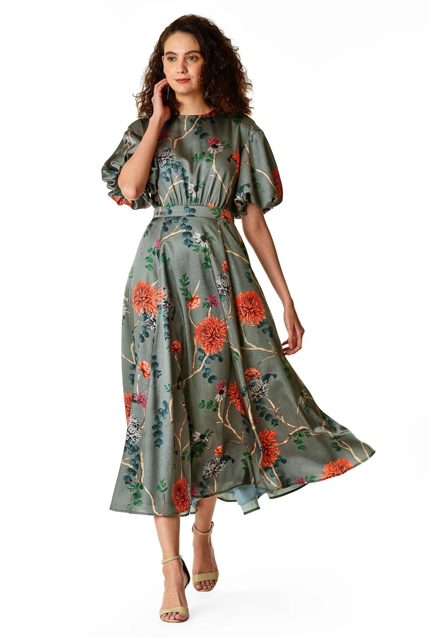 Shop Puff sleeve floral print satin dress | eShakti