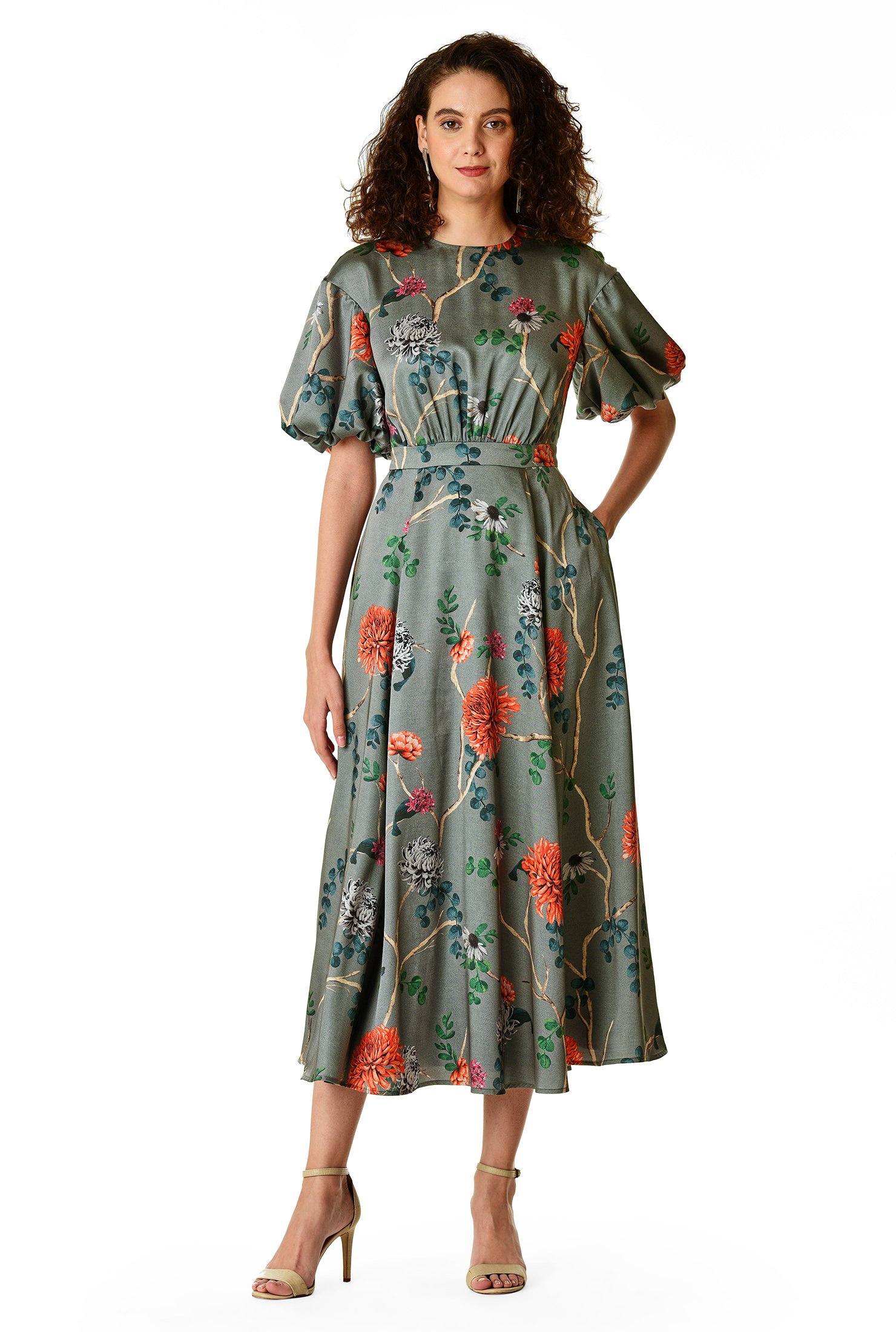 Shop Puff sleeve floral print satin dress | eShakti