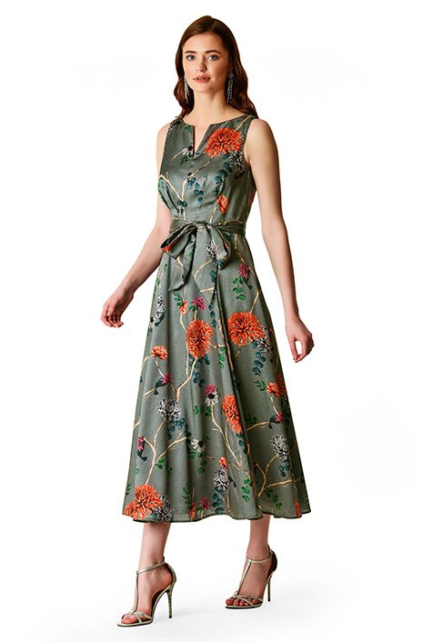 Shop Floral print satin midi dress | eShakti