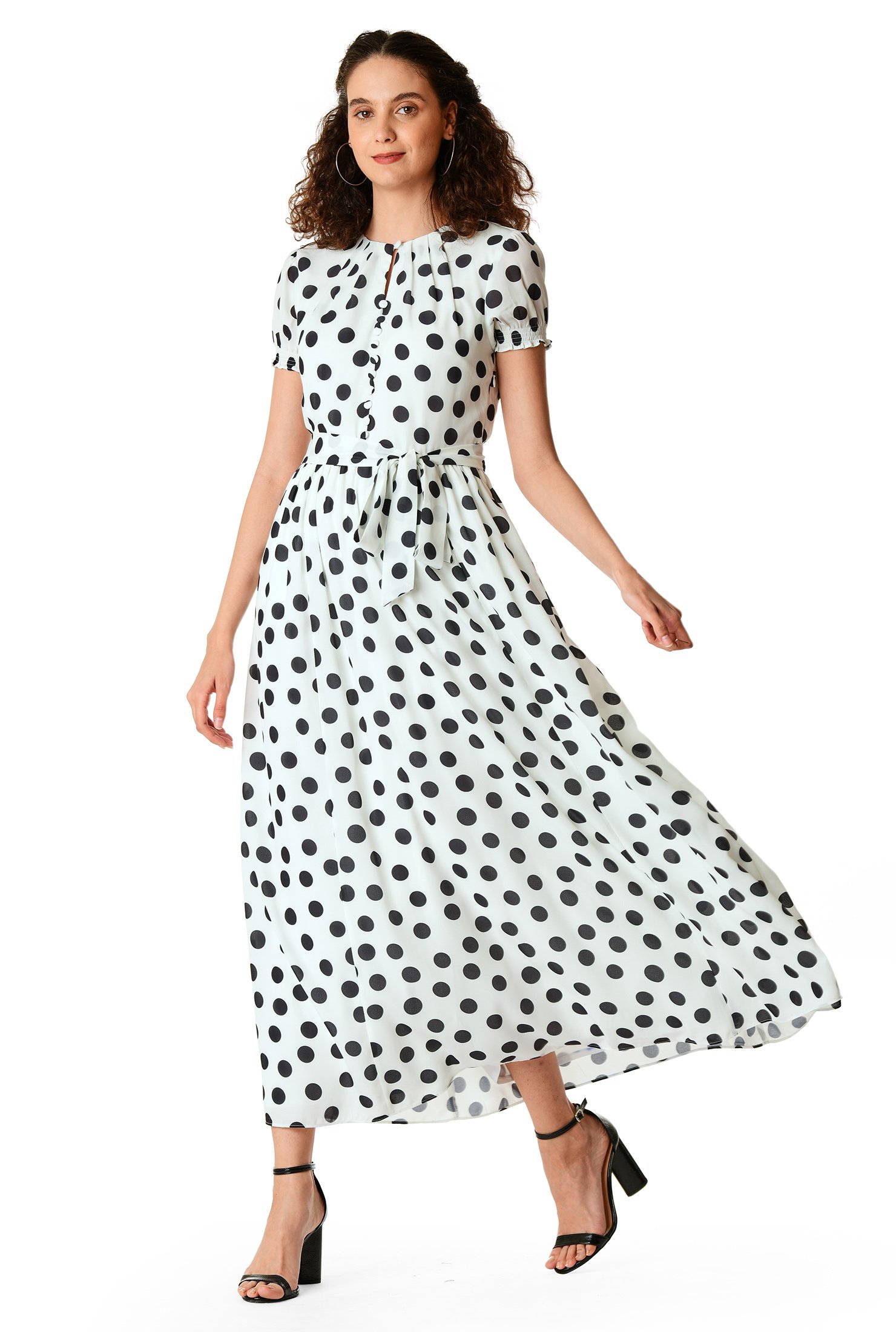 Shop Pleat neck polka dot print crepe dress | eShakti