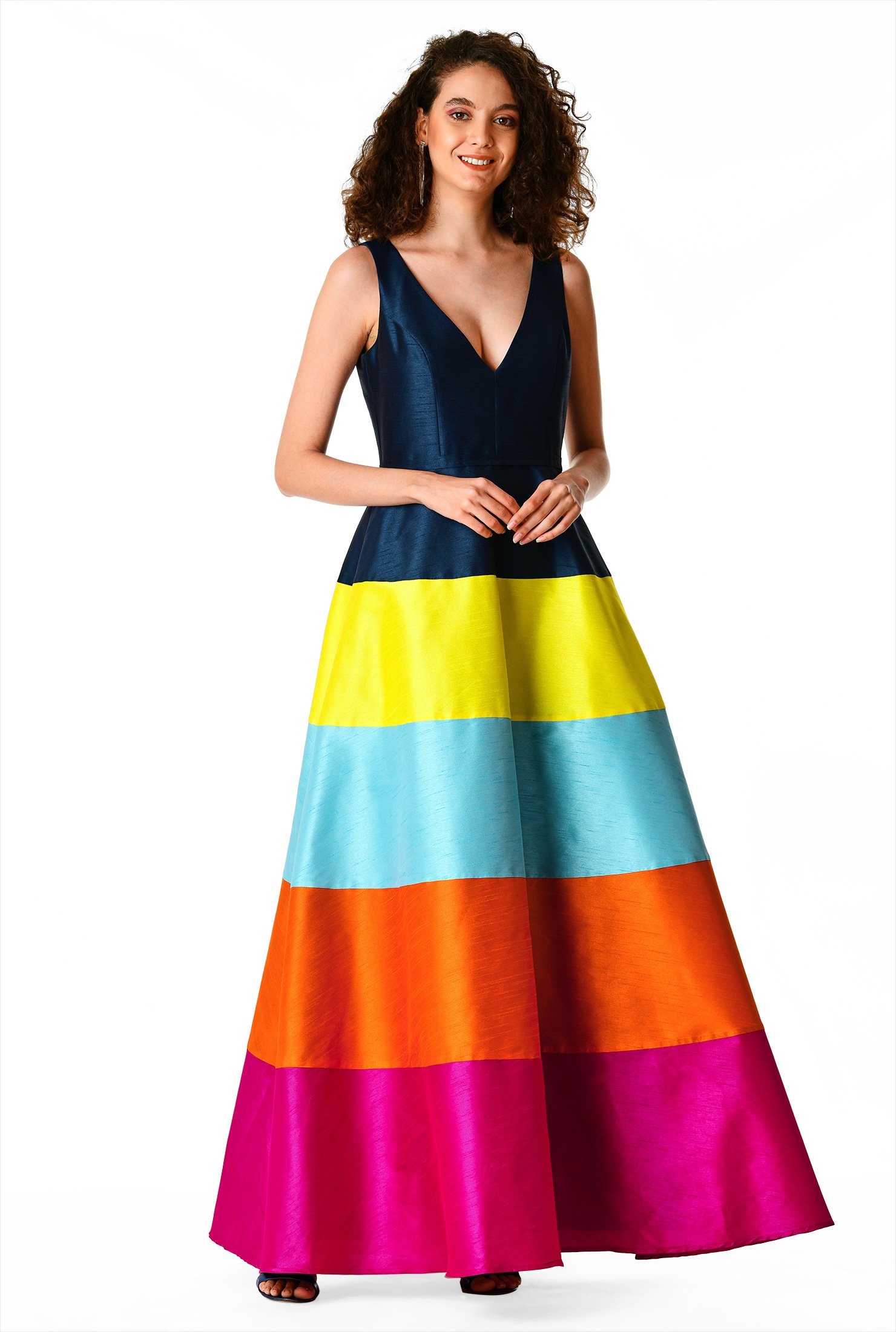 Shop Banded stripe colorblock dupioni maxi dress | eShakti