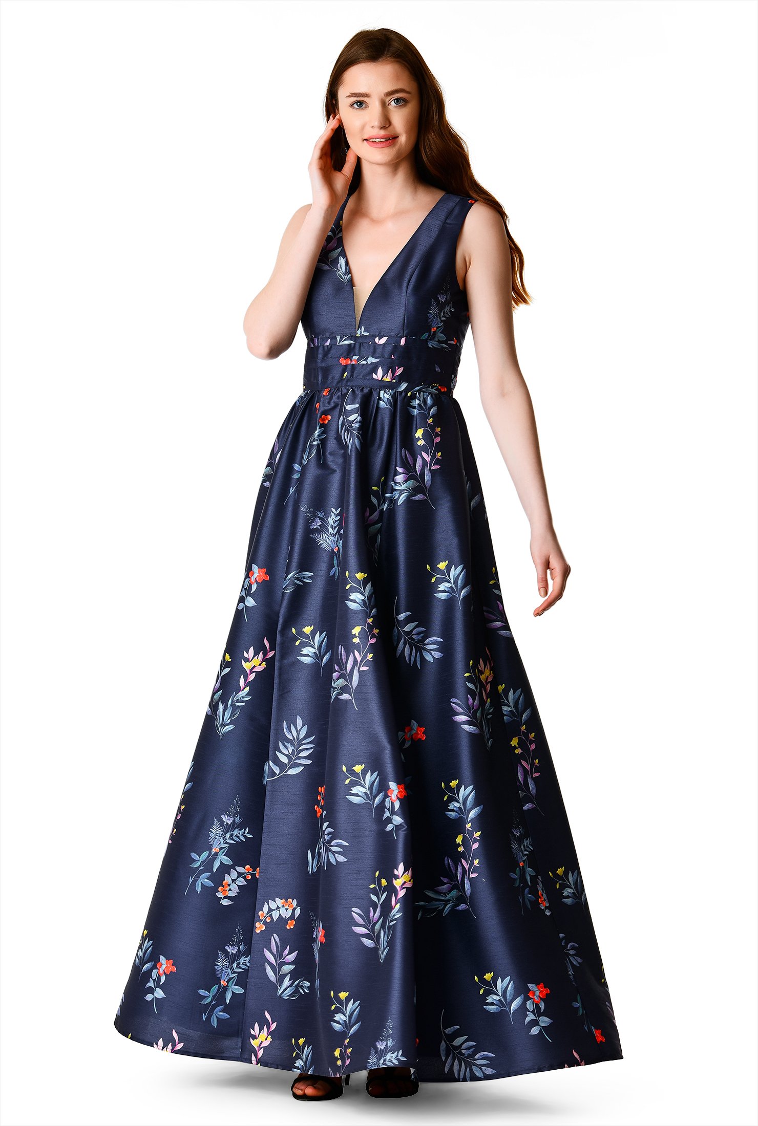 Shop Floral print tulle inset dupioni maxi dress | eShakti