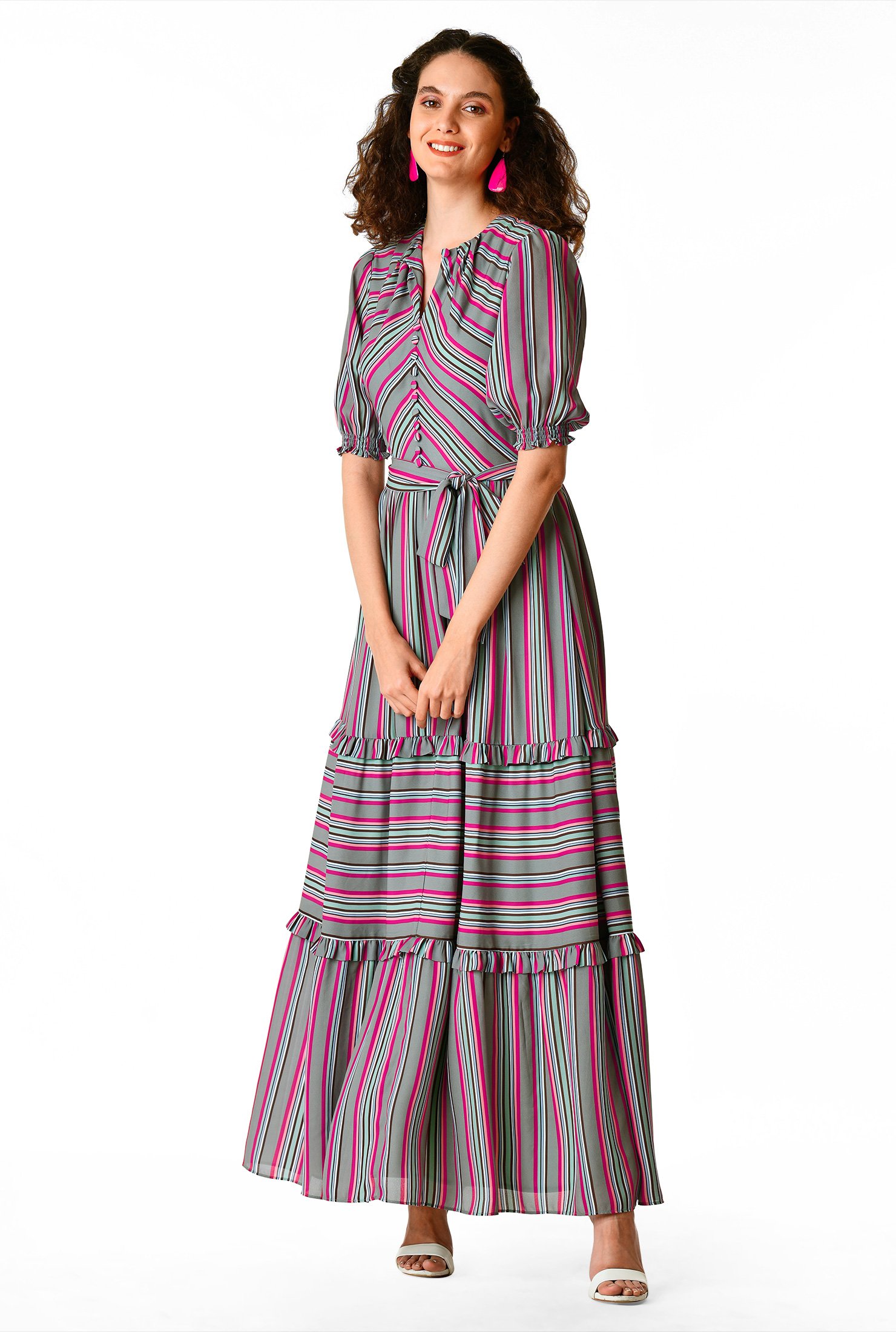 Shop Pleat neck ruffle tier stripe print crepe dress | eShakti