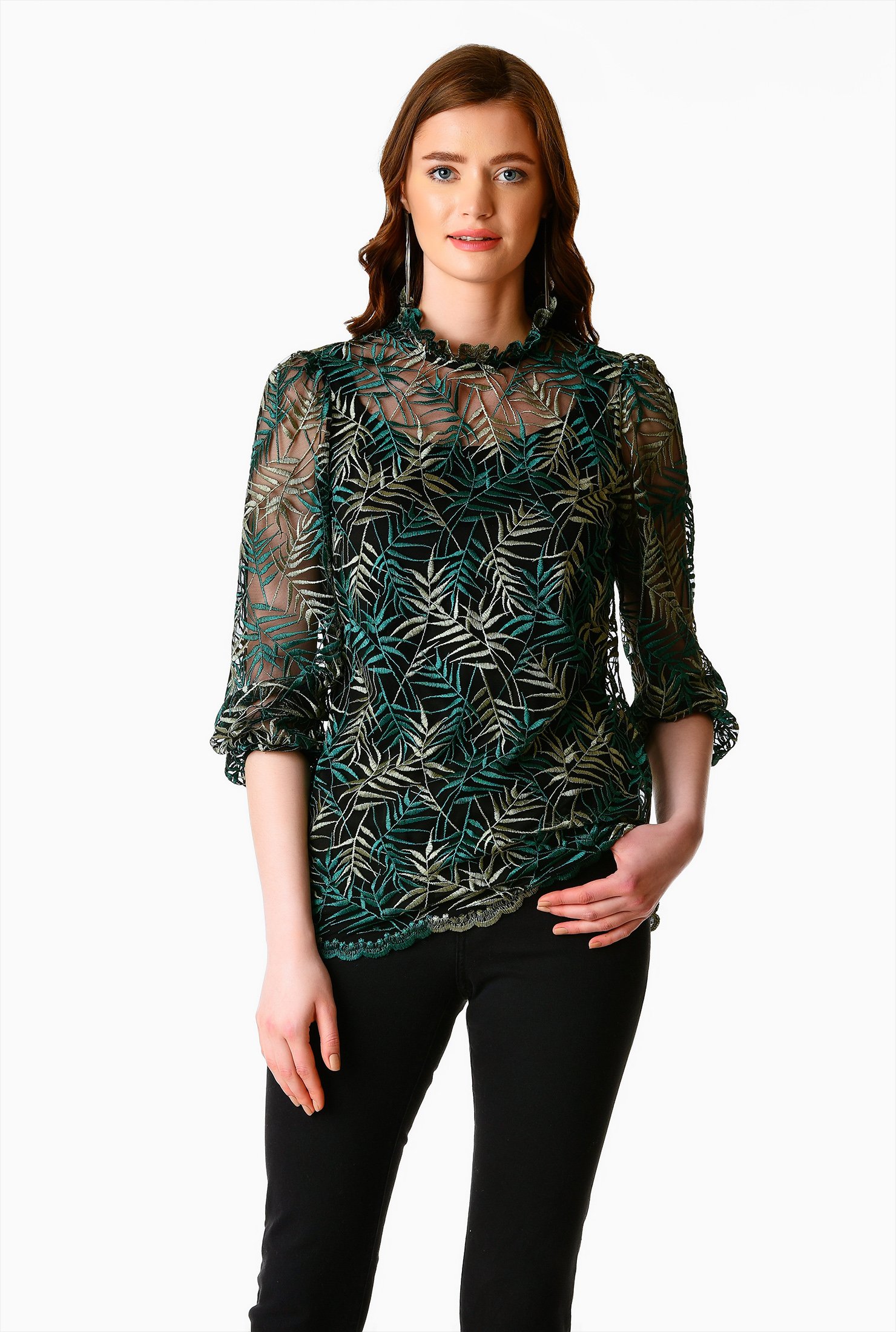Shop Leaf embellished mesh ruffle neck blouse | eShakti