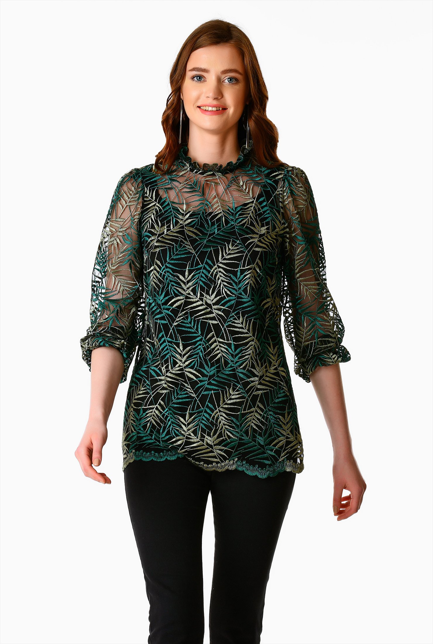 Shop Leaf embellished mesh ruffle neck blouse | eShakti