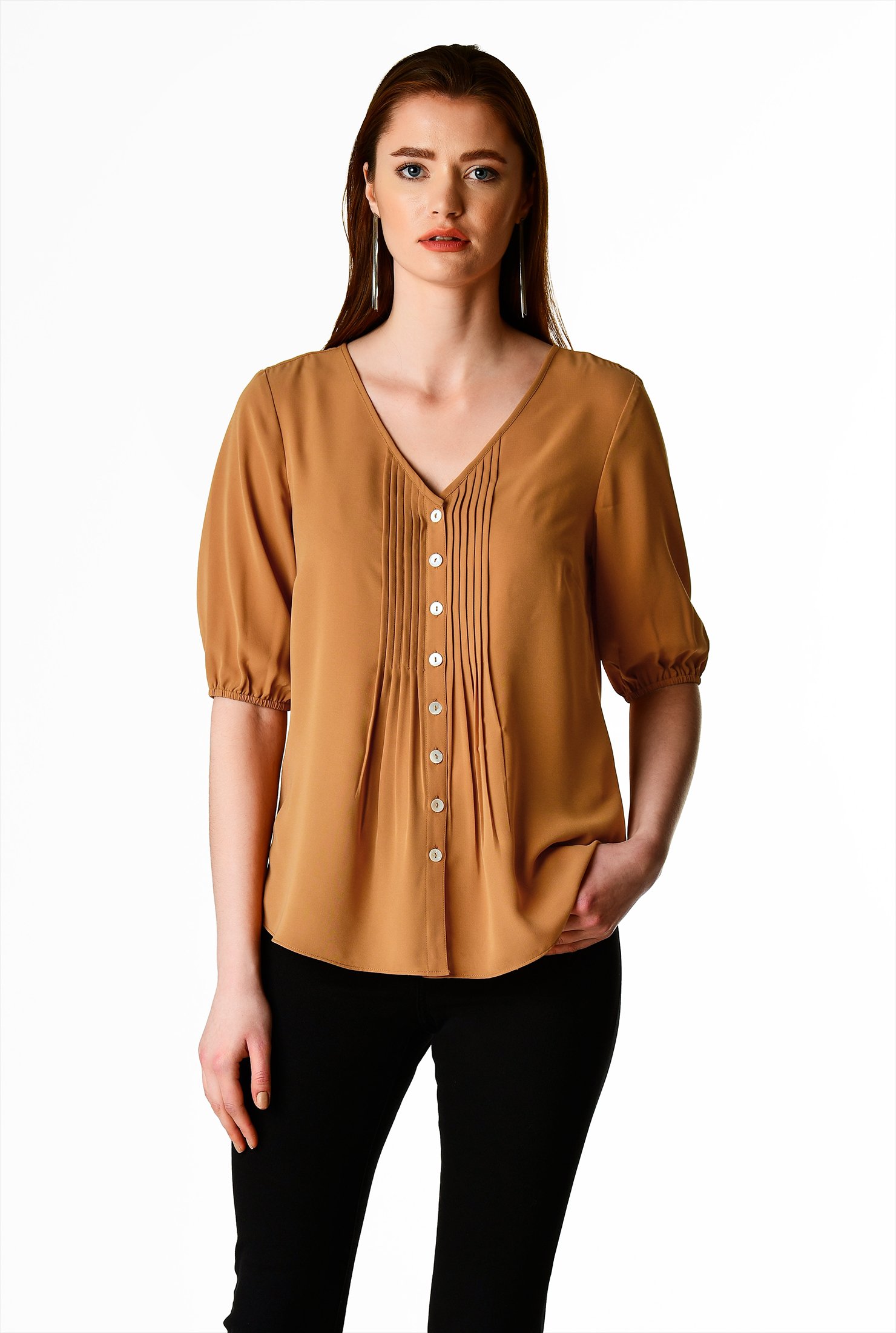 Shop Pintuck pleat twill crepe shirt | eShakti