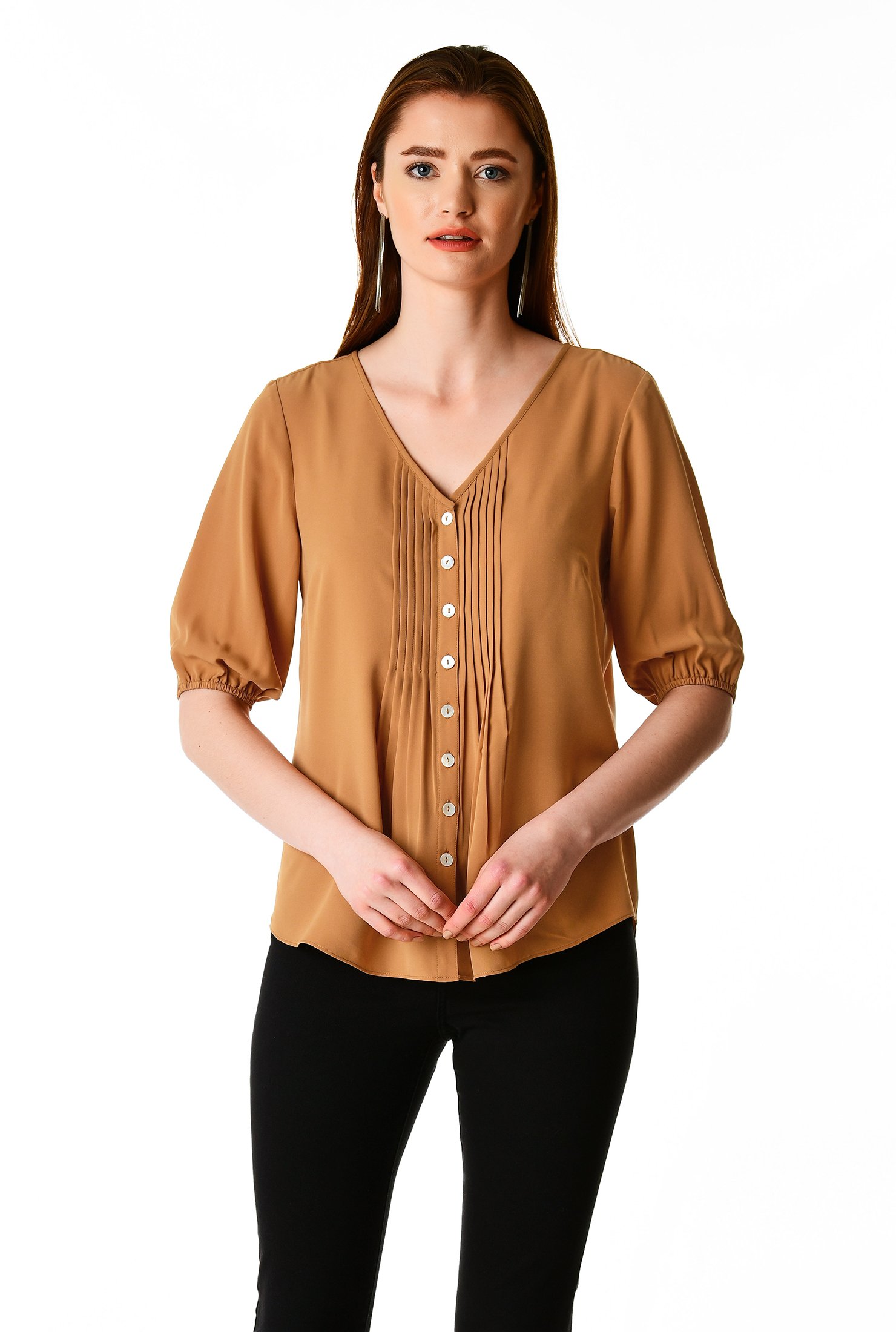 Shop Pintuck pleat twill crepe shirt | eShakti