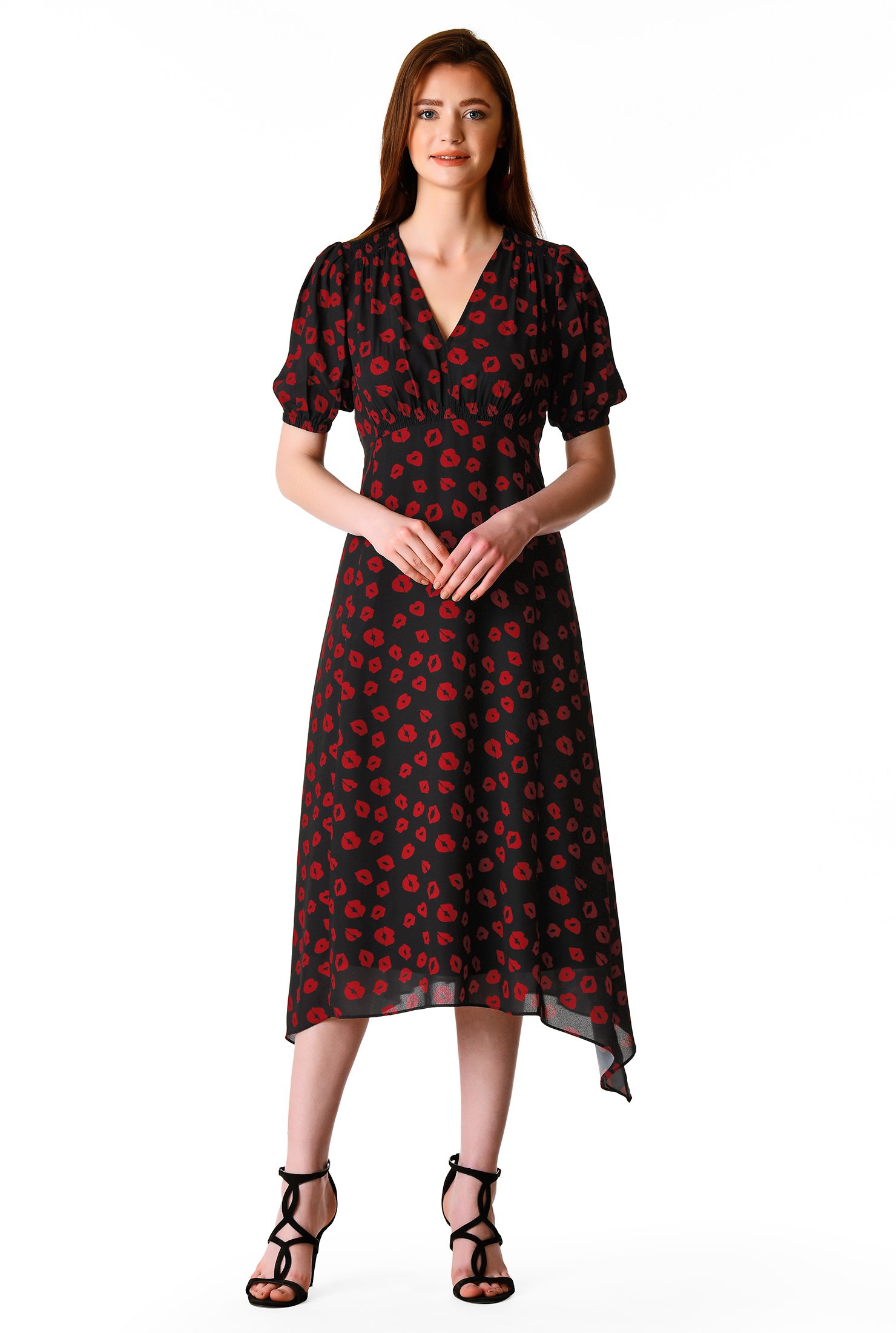 Shop Asymmetric hem lip print crepe empire dress | eShakti