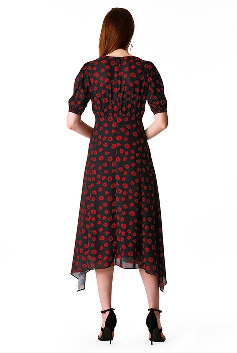 Asymmetric hem lip print crepe empire dress