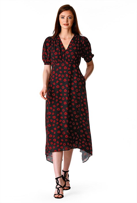 Asymmetric hem lip print crepe empire dress