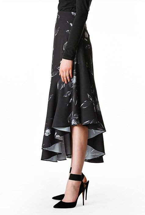 Shop Floral Print Matte Crepe Asymmetric Skirt Eshakti