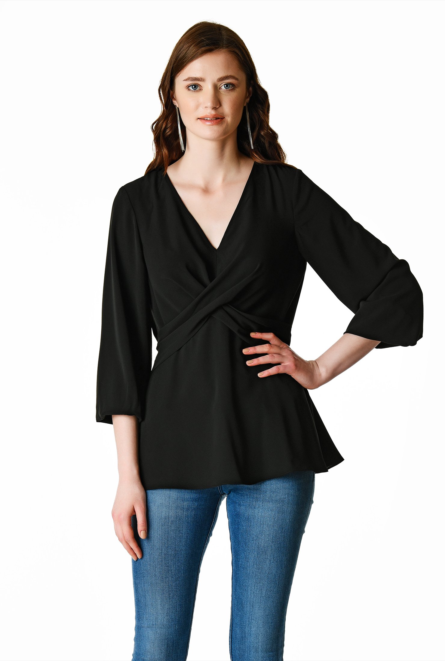 Shop Cross front twill crepe peplum blouse | eShakti