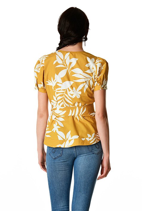 Shop Puff sleeve leaf print cotton poplin sash tie blouse | eShakti