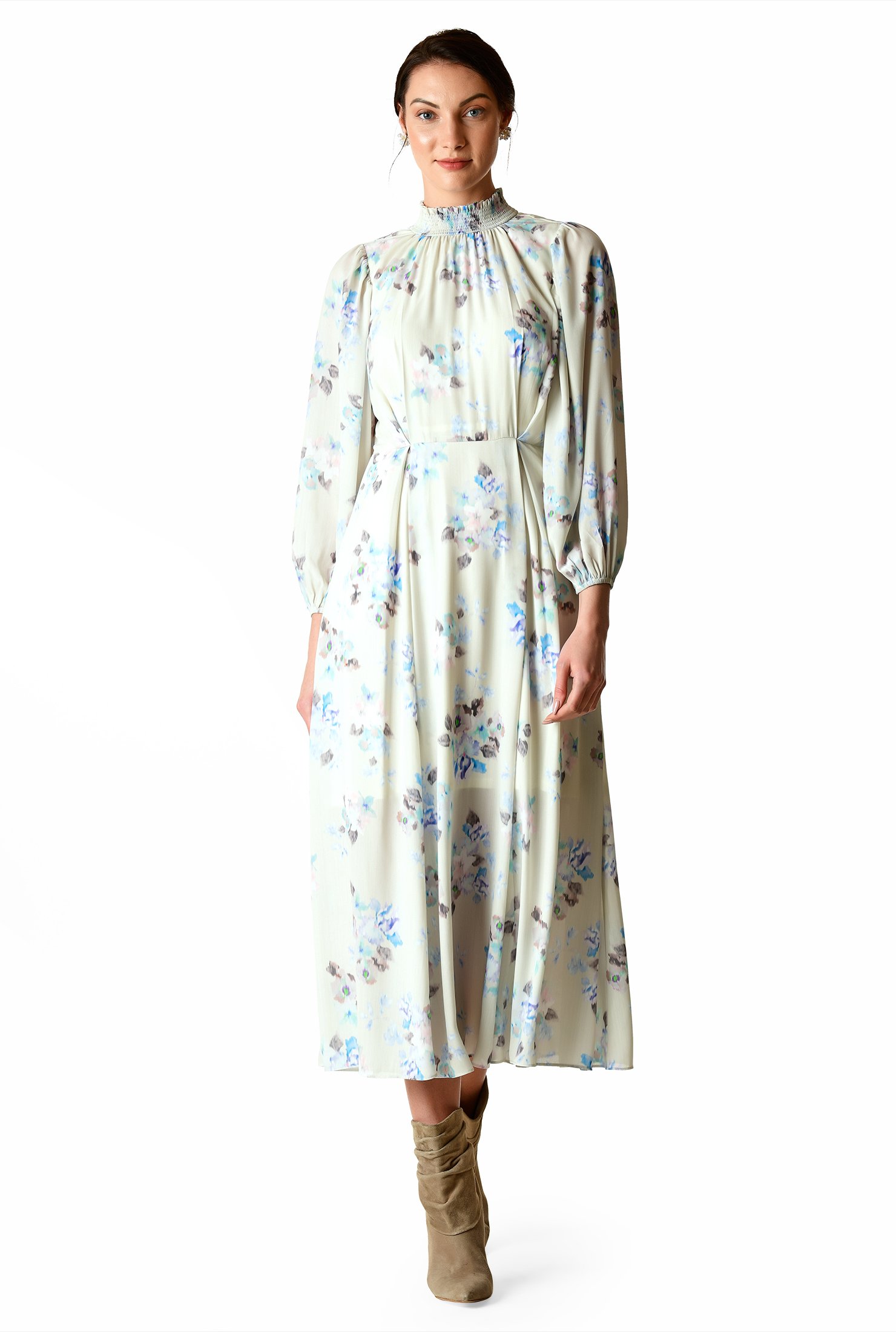 Shop Ruched floral print crepe maxi dress | eShakti