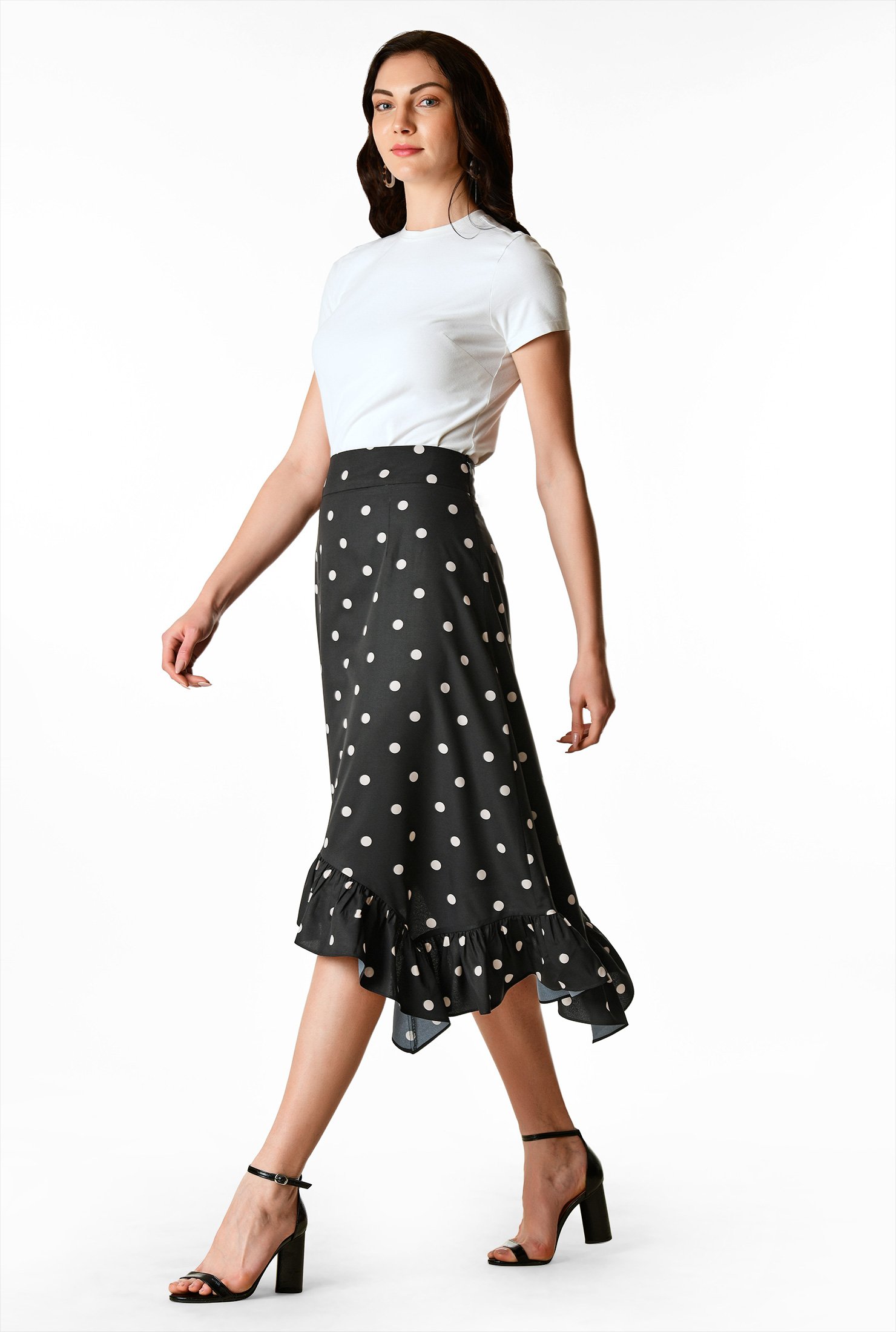 Shop Asymmetric ruffle polka dot print matte crepe skirt | eShakti