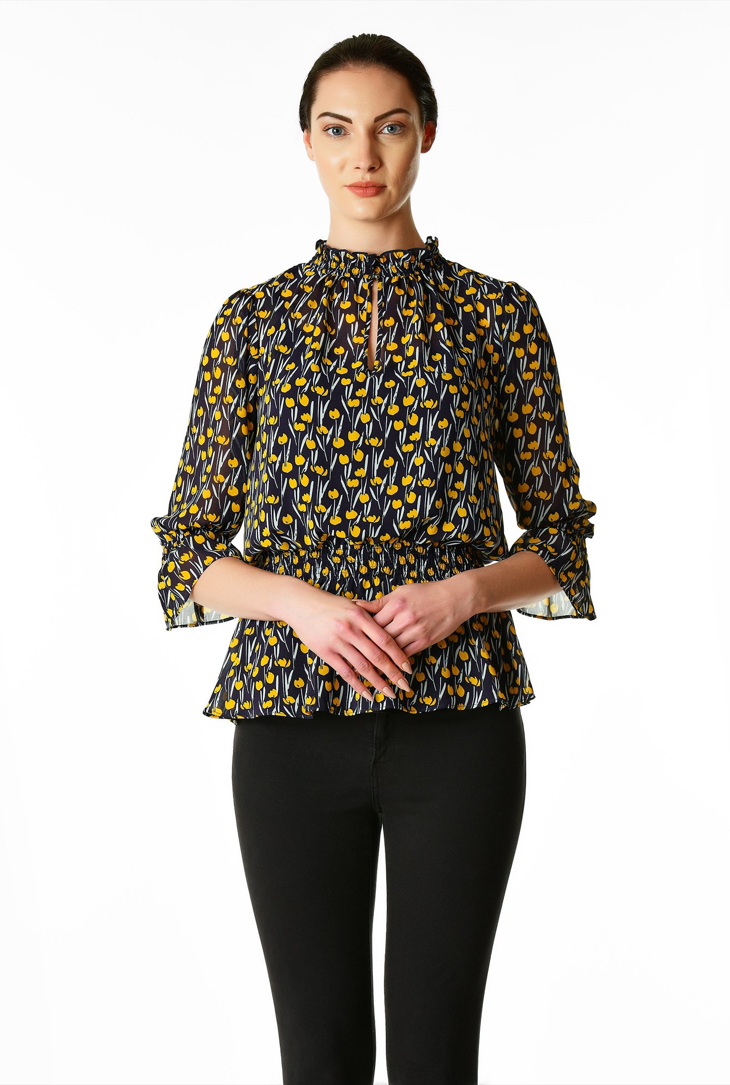 Shop Ruffle floral print georgette elastic waist blouse | eShakti