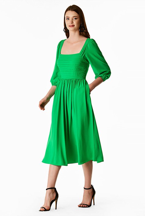 Pintuck crepe fit-and-flare dress