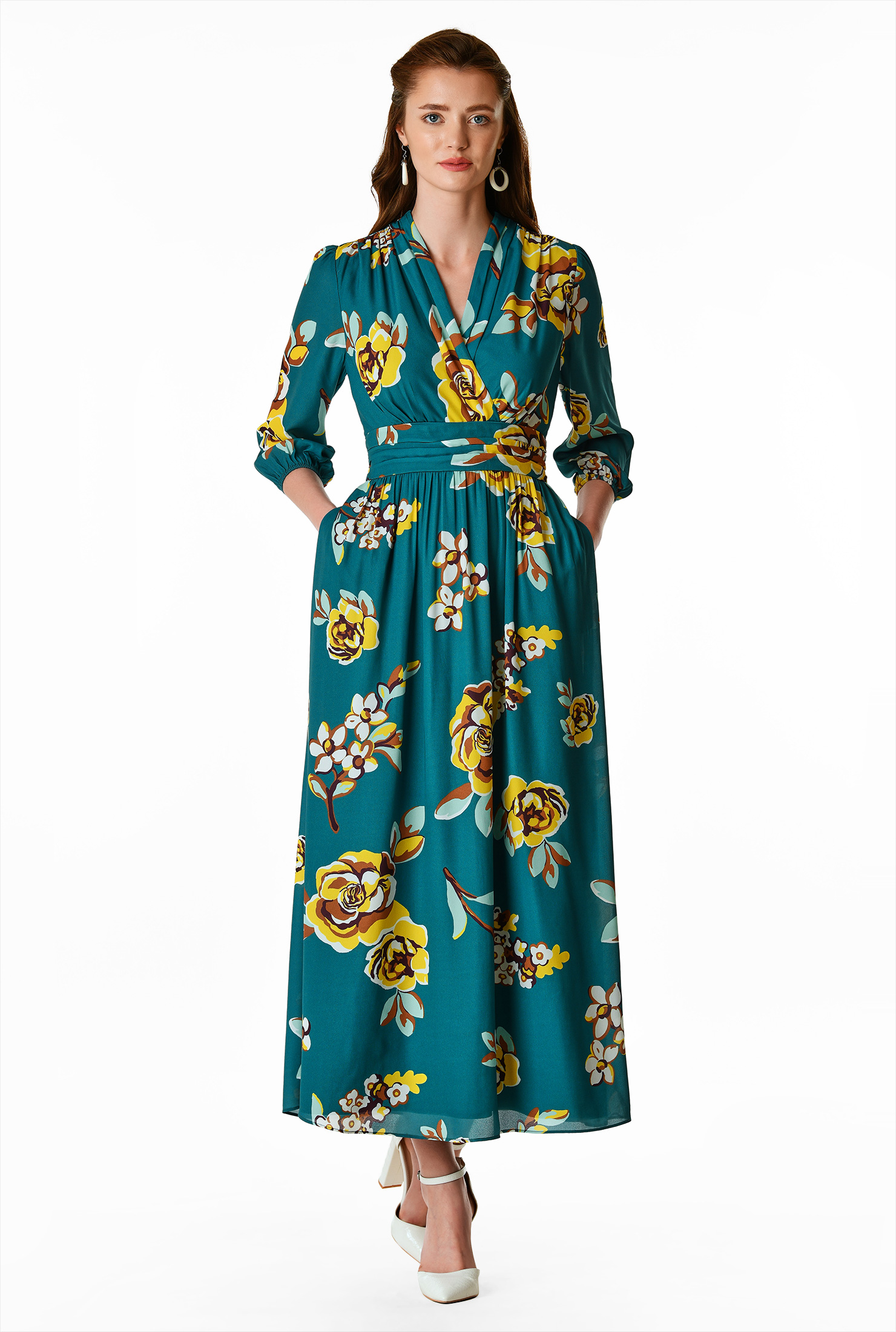 Shop Floral print pleat waist crepe surplice dress eShakti