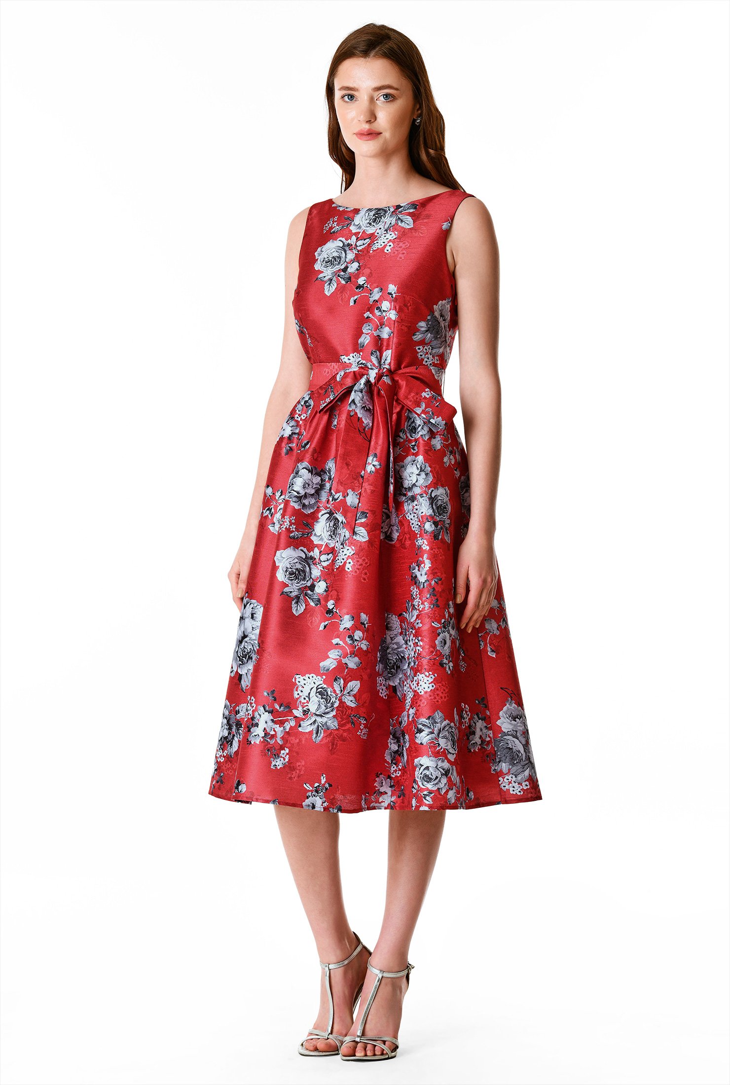 Shop Floral print dupioni sash tie dress | eShakti