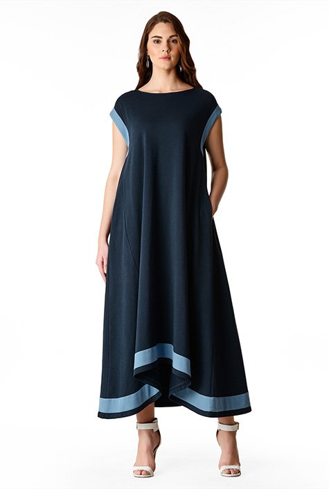 Shop Contrast trim cotton knit high low shift dress eShakti