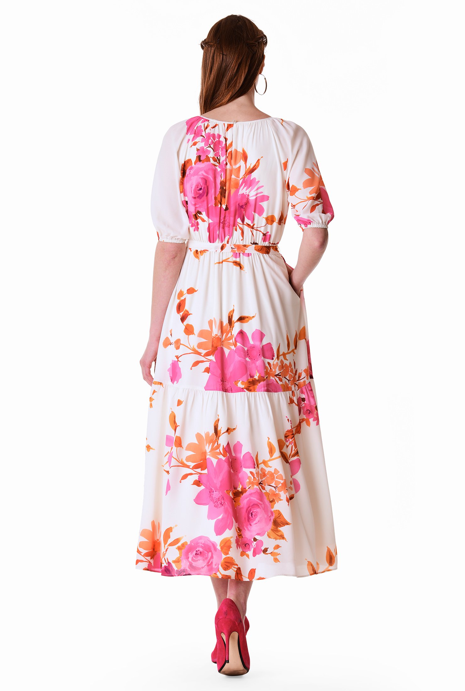 Shop Floral print crepe ruched tier dress | eShakti