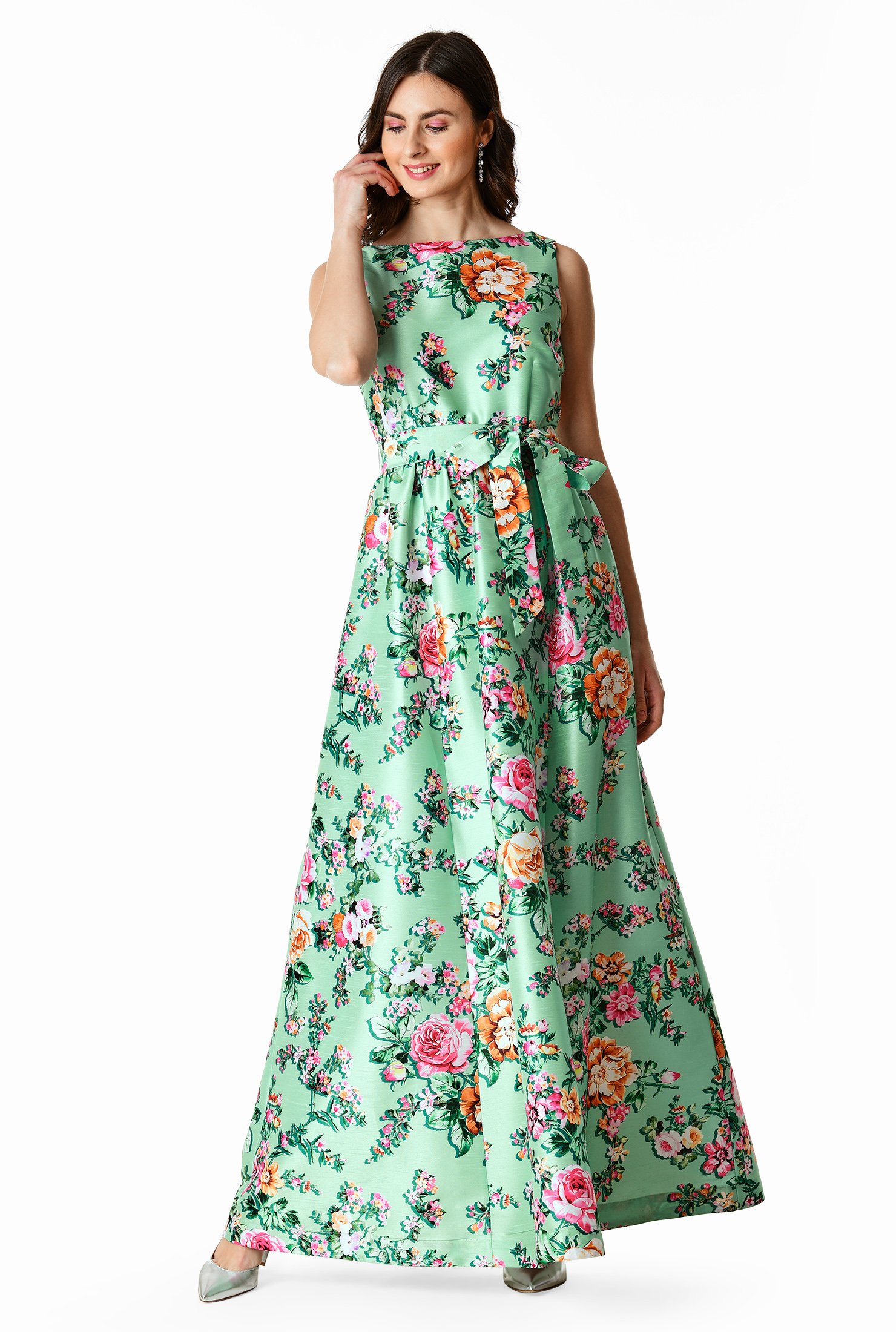 Shop Floral print dupioni sash tie maxi dress | eShakti