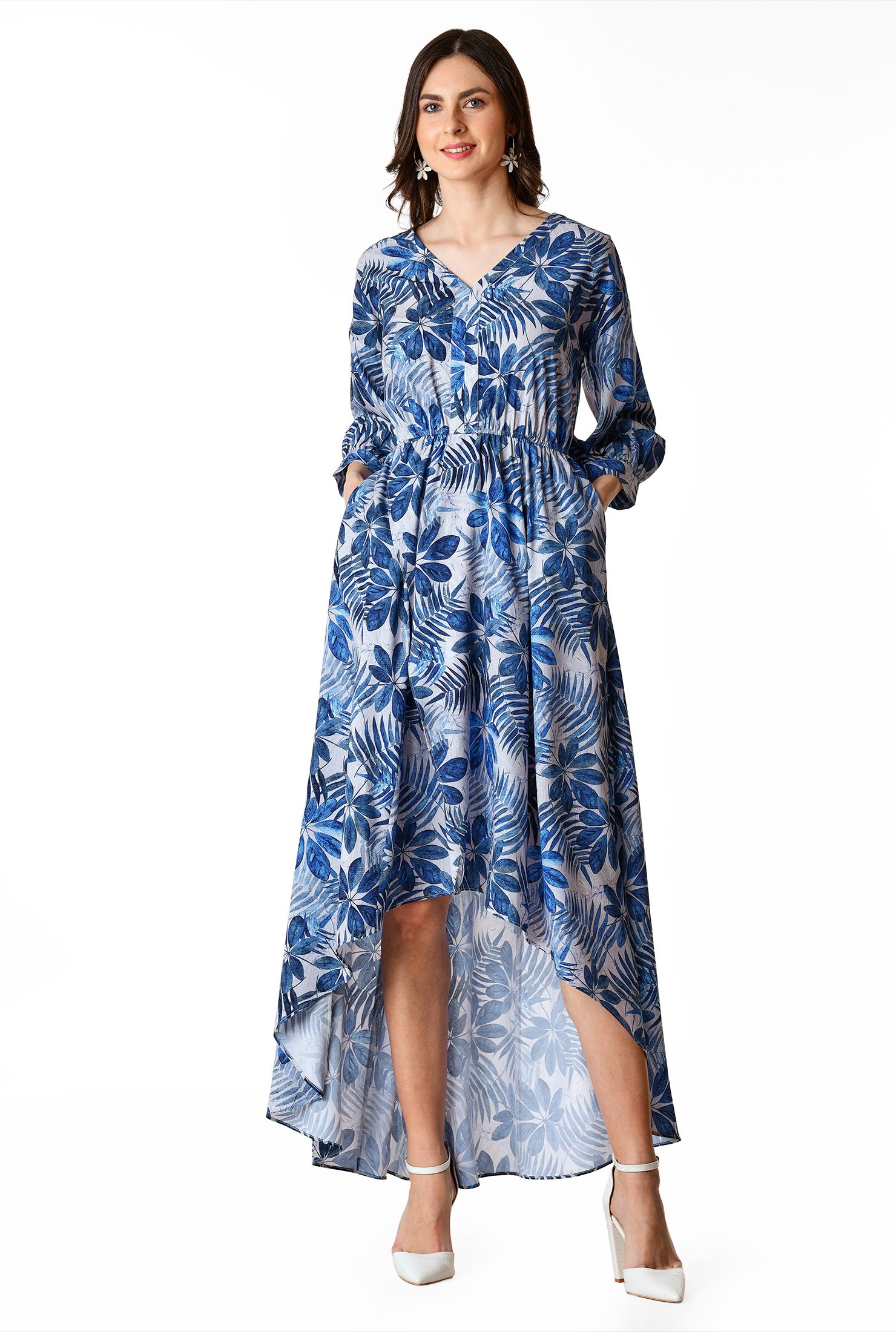 Shop Tropical leaf print matte crepe high-low dress | eShakti