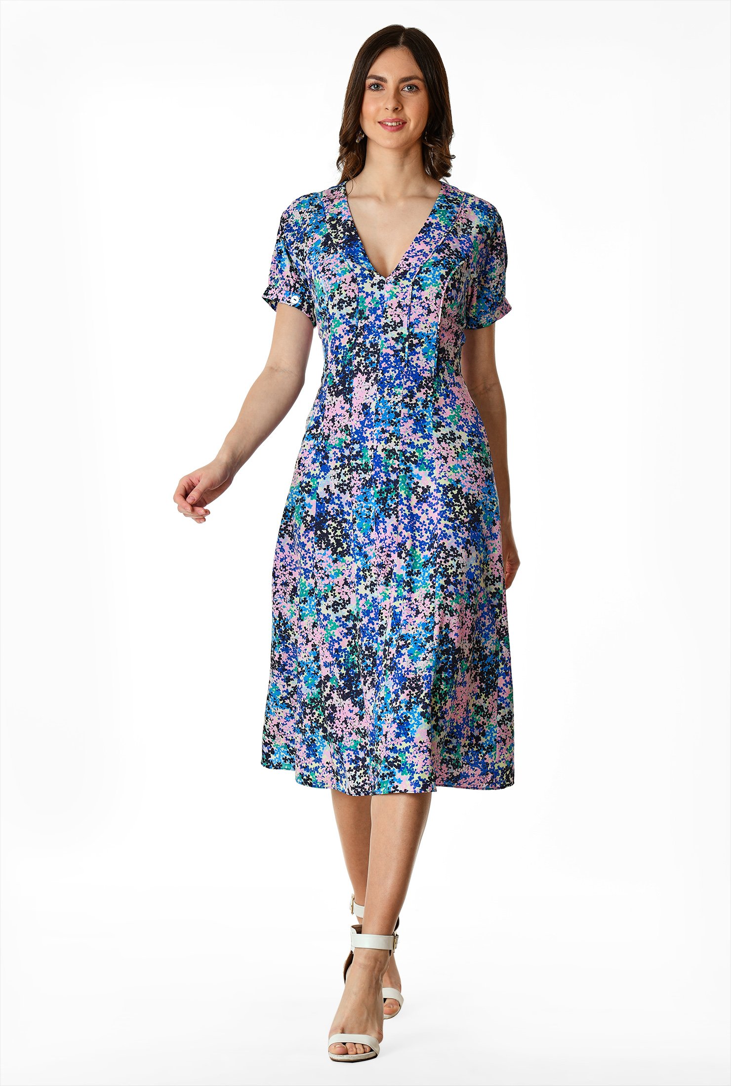 Shop Floral print matte crepe A-line dress | eShakti