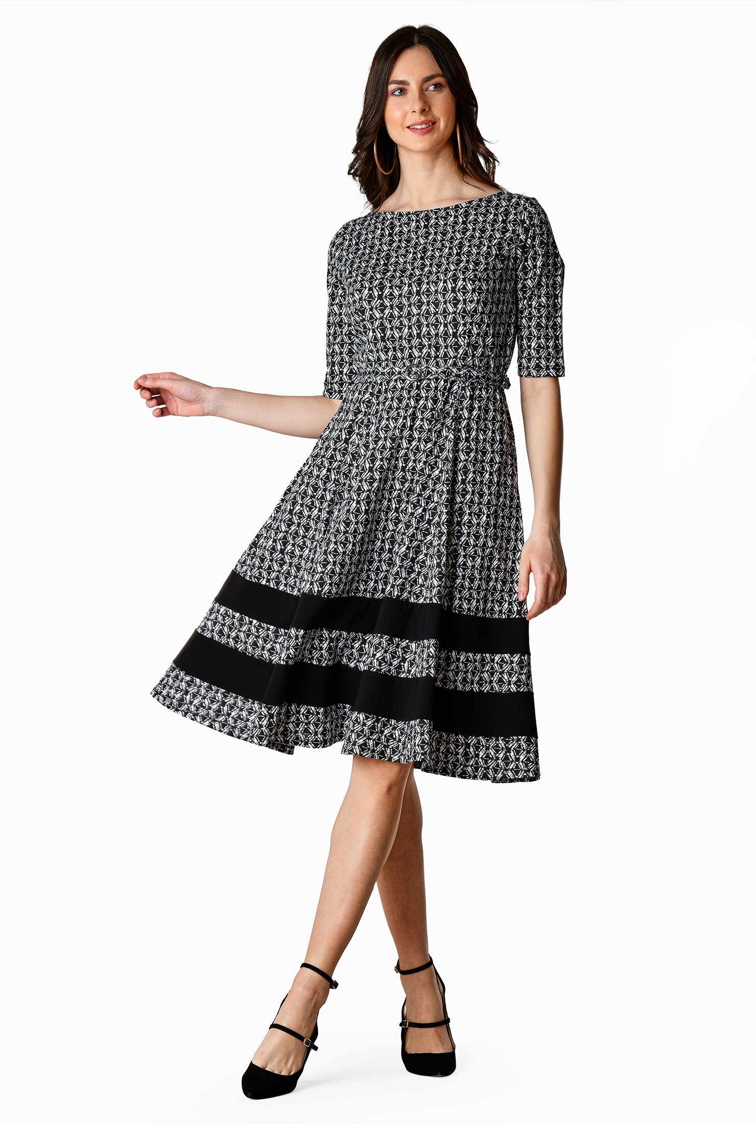 Shop Banded stripe geo print cotton knit belted dress | eShakti