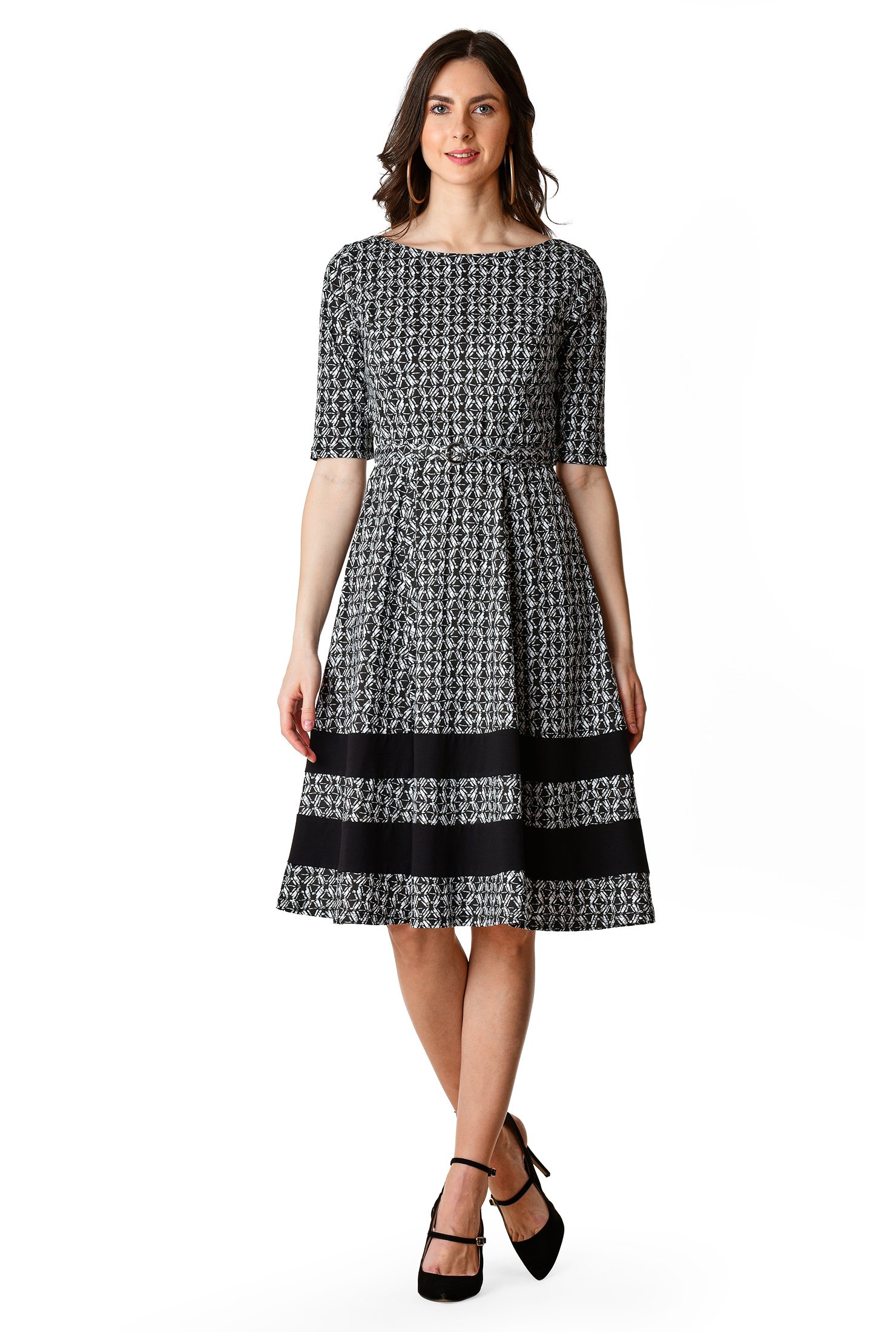 Shop Banded stripe geo print cotton knit belted dress | eShakti