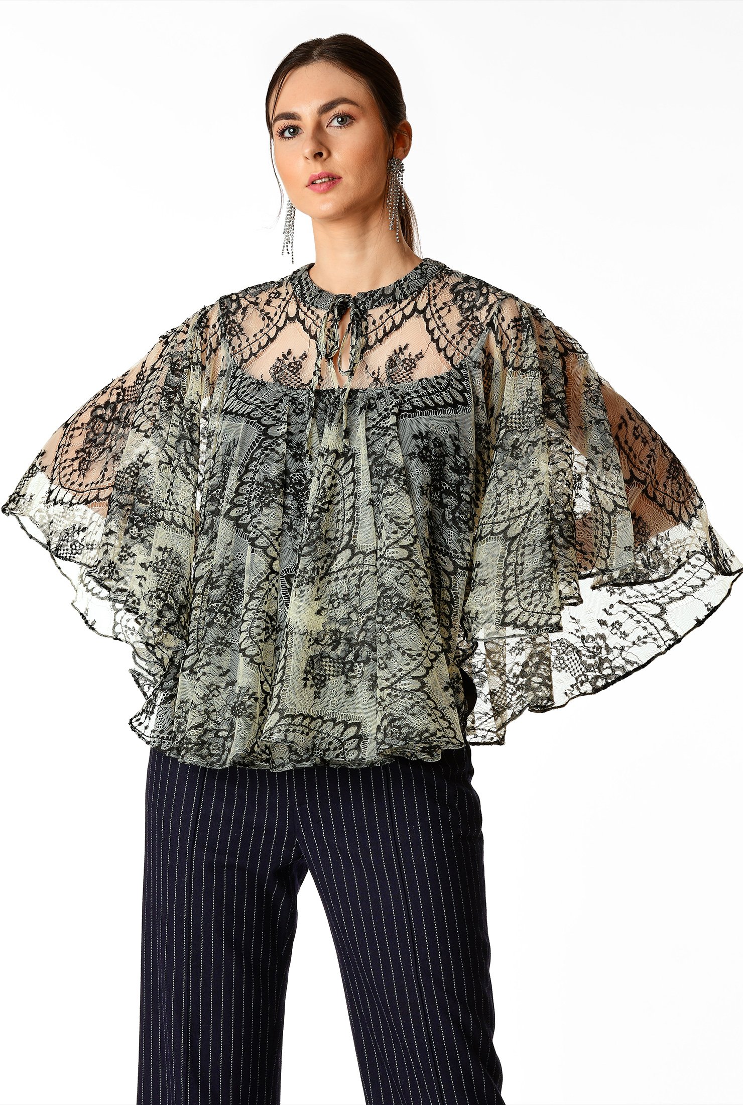 Shop Illusion yoke floral lace cape top | eShakti