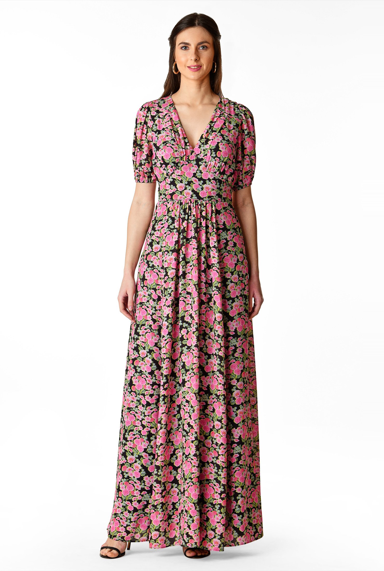 Shop Ruched floral print crepe maxi dress | eShakti