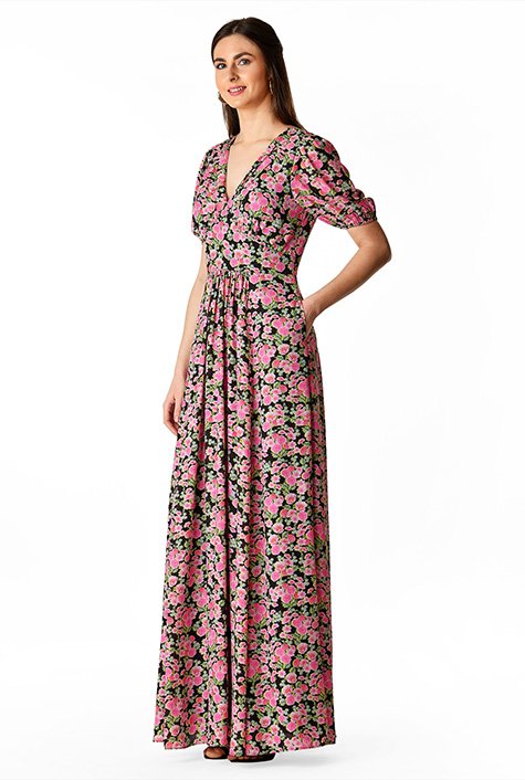 Shop Ruched floral print crepe maxi dress | eShakti