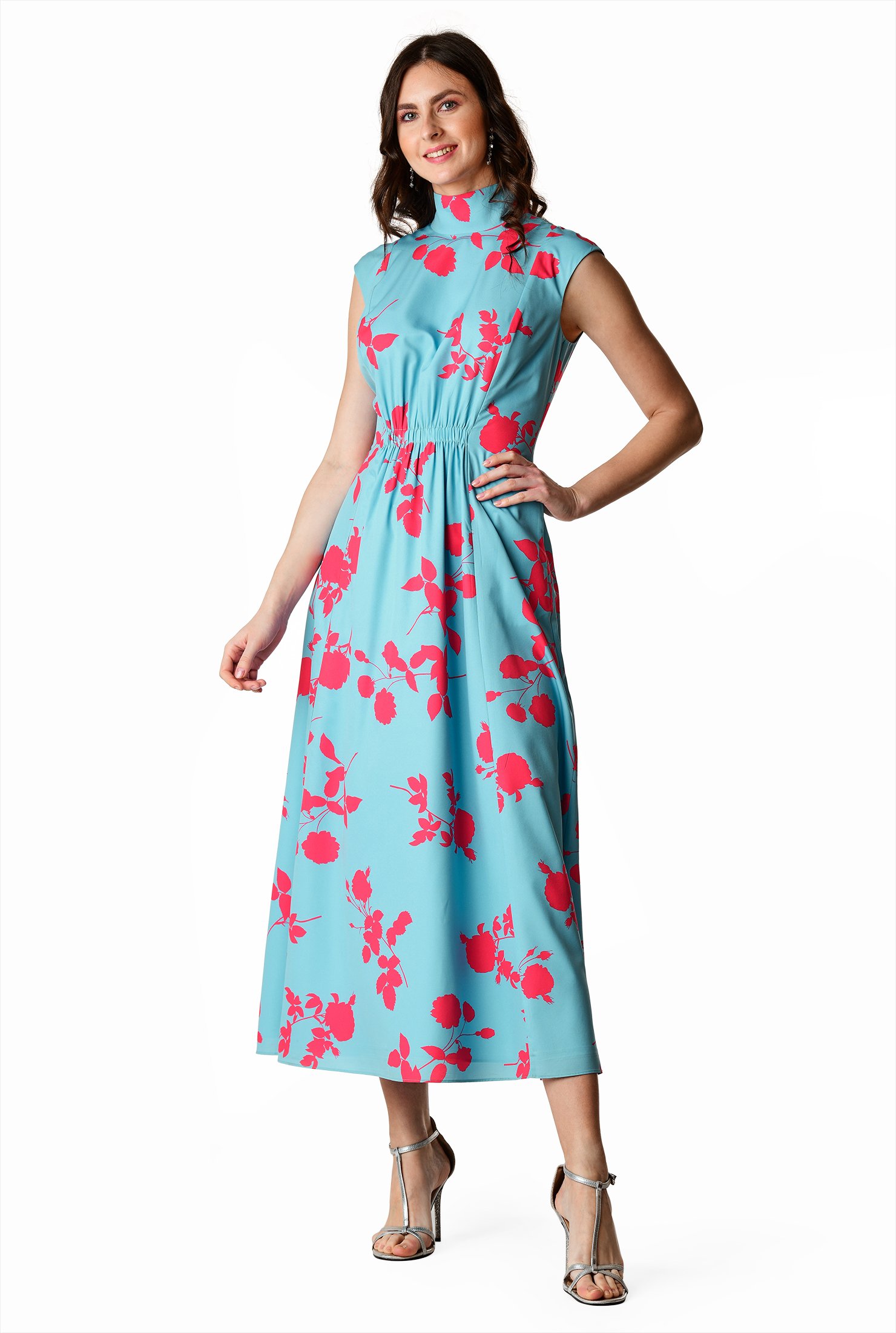 Shop Ruched Floral Print Matte Crepe Dress Eshakti