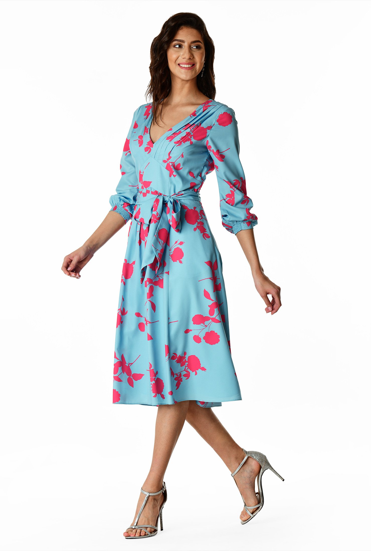 Shop Pleated floral print matte crepe dress | eShakti